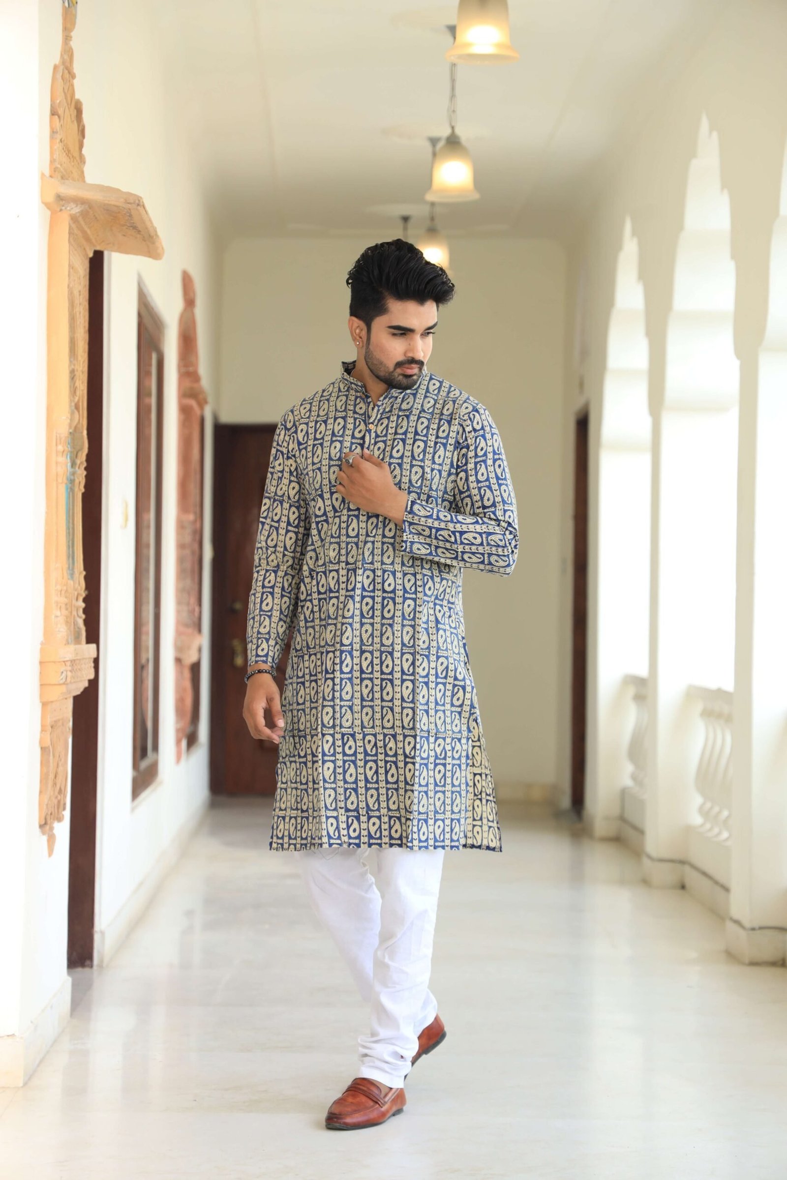 Mens Blue Printed Cotton Kurta with White Pajama ? Traditional Ethnic Wear for Festive & Wedding