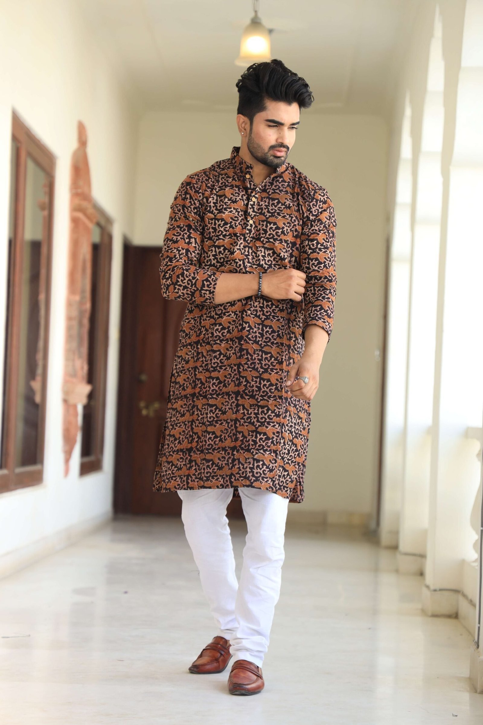 Mens Brown & Black Printed Cotton Kurta with White Pajama ? Traditional Ethnic Wear for Festive & Wedding