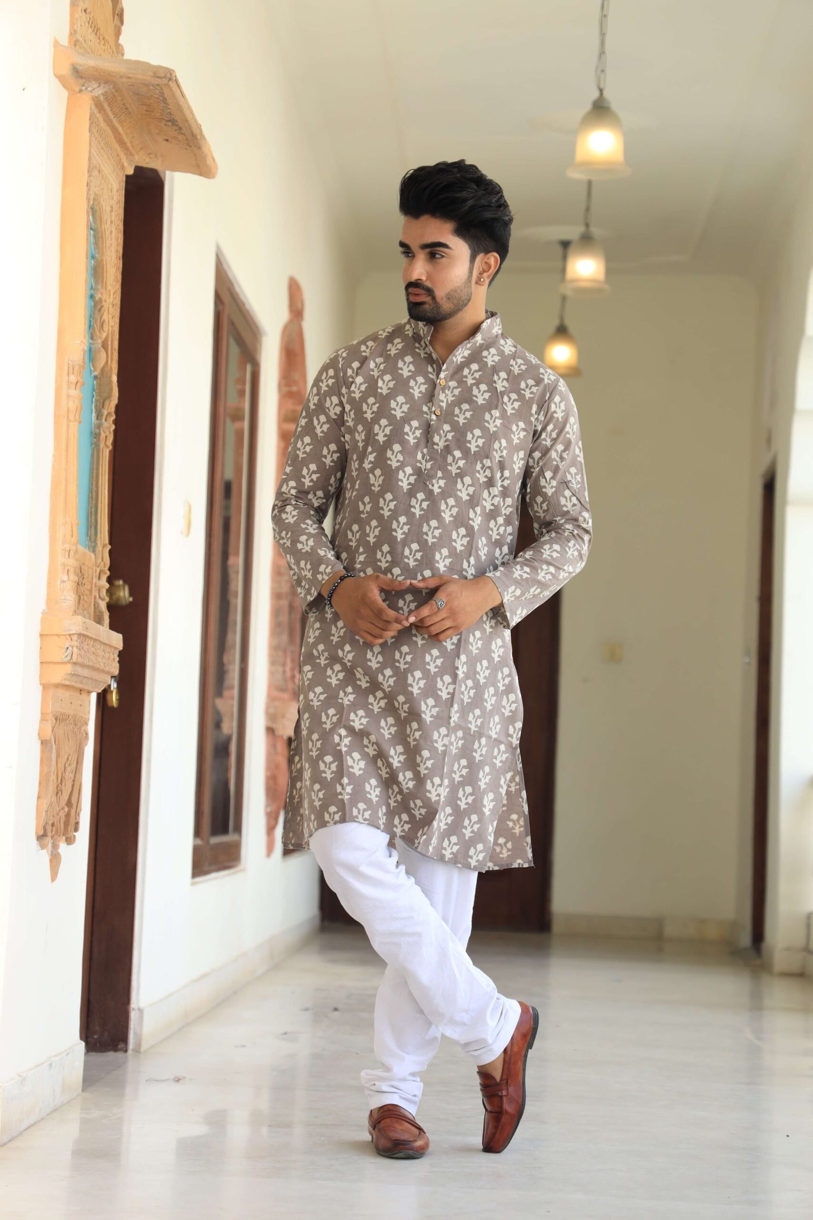 Mens Grey Printed Cotton Kurta with White Pajama ? Traditional Ethnic Wear for Festive & Wedding