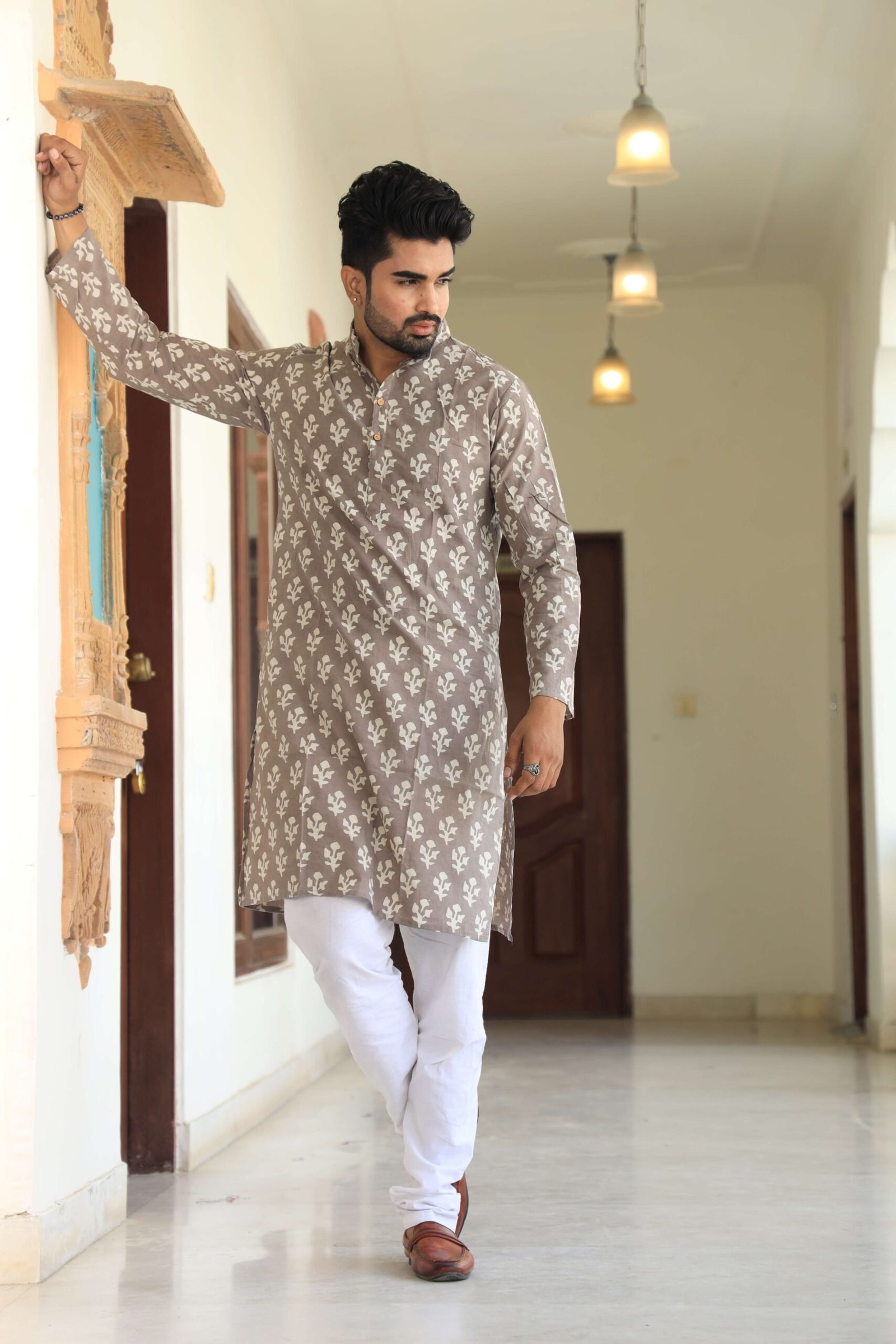 Mens Grey Printed Cotton Kurta with White Pajama ? Traditional Ethnic Wear for Festive & Wedding