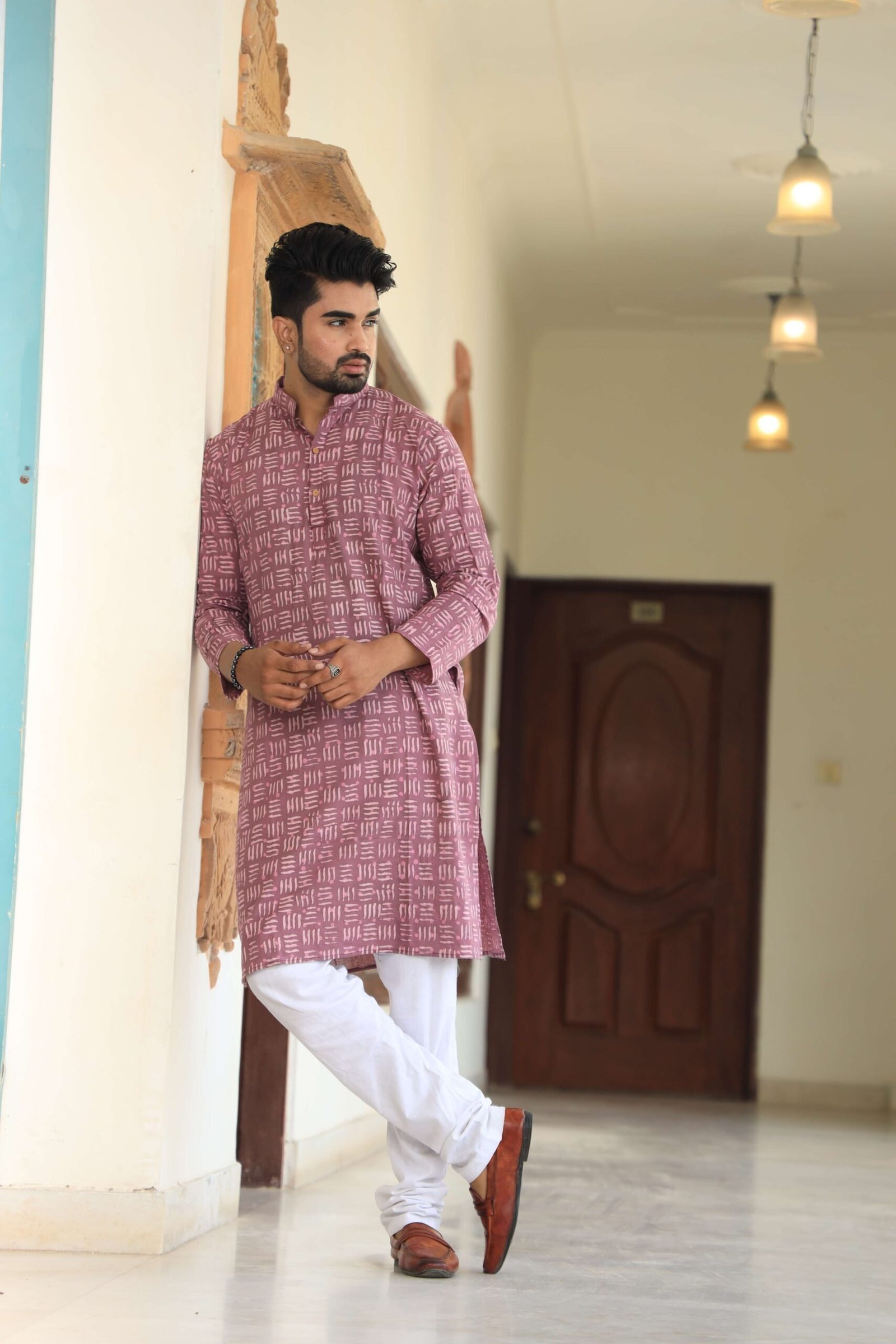 Mens Maroon Printed Cotton Kurta with White Pajama ? Traditional Ethnic Wear for Festive & Wedding