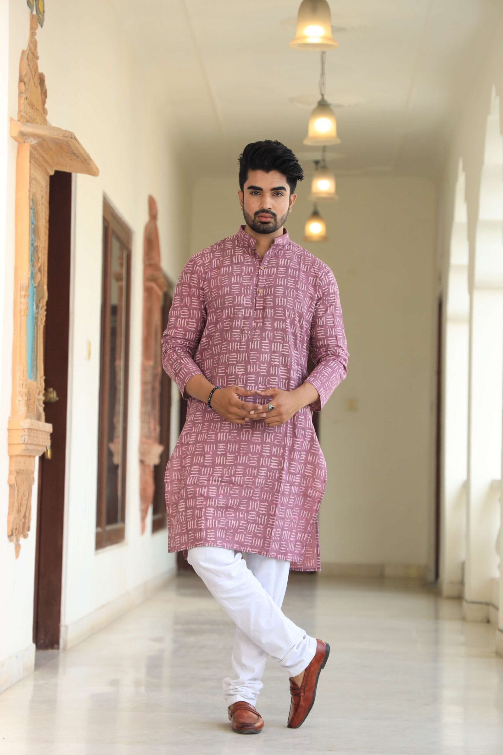 Mens Maroon Printed Cotton Kurta with White Pajama ? Traditional Ethnic Wear for Festive & Wedding