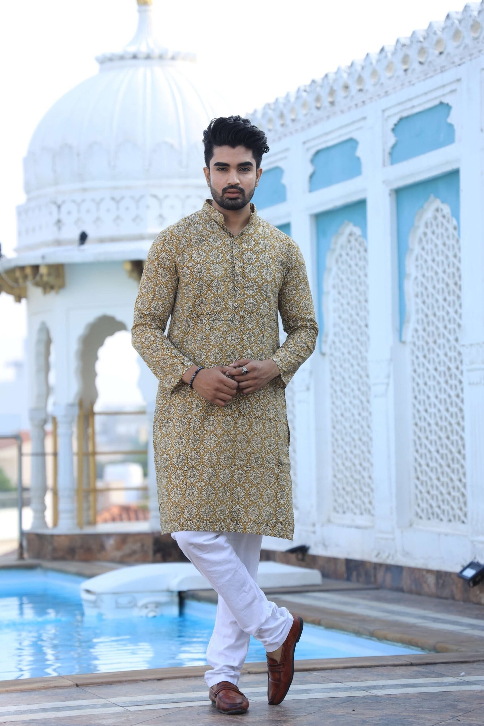 Mens Mustard Yellow Handblock Printed Cotton Kurta with White Pajama ? Traditional Festive Wear
