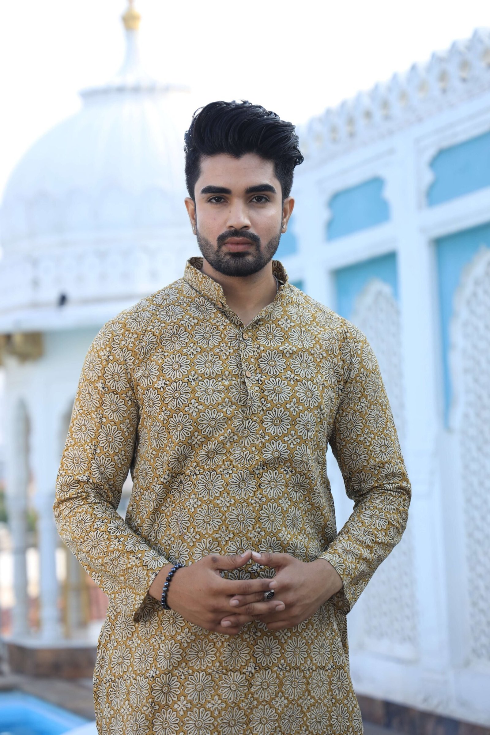 Mens Mustard Yellow Handblock Printed Cotton Kurta with White Pajama ? Traditional Festive Wear