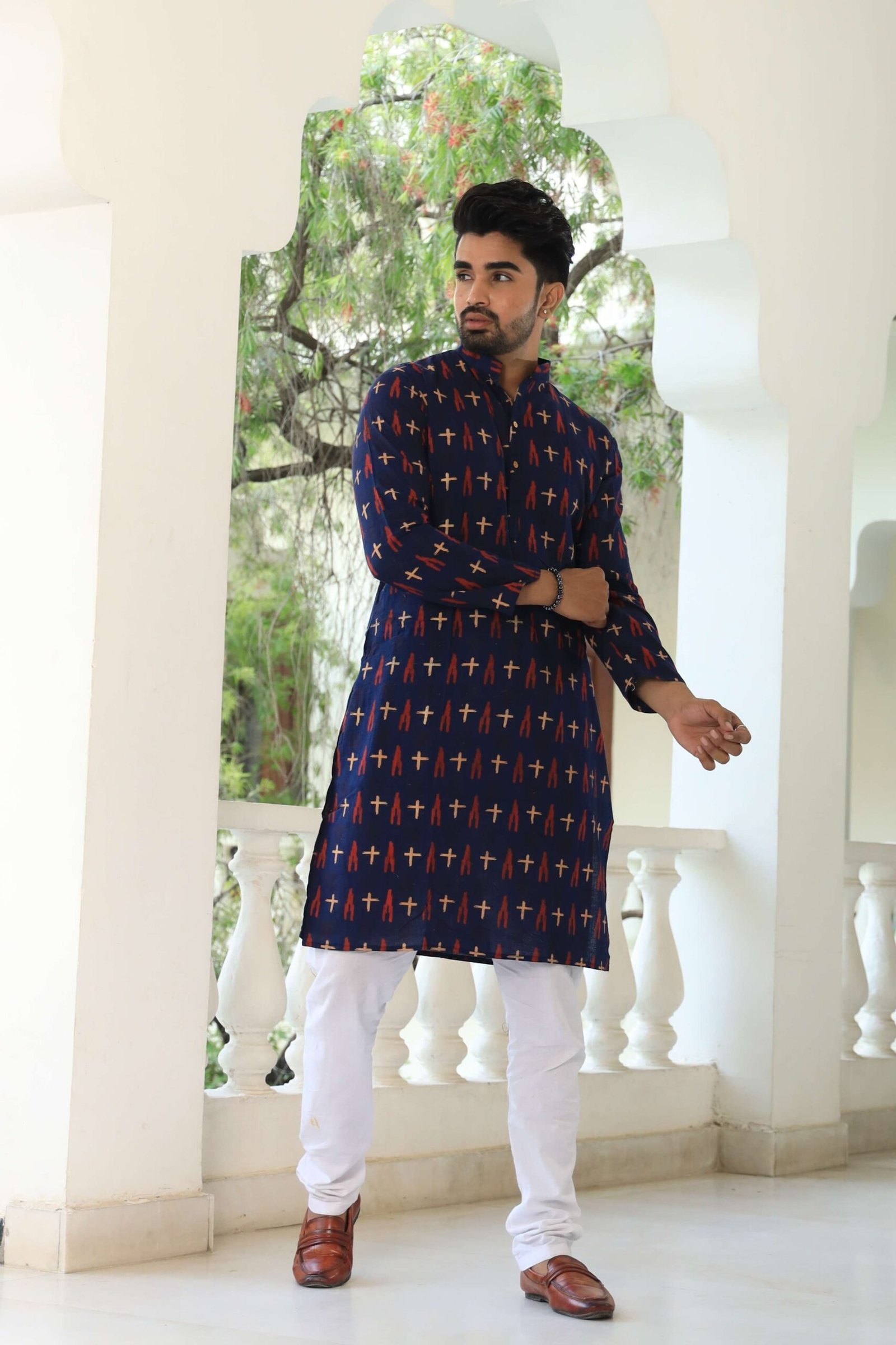 Mens Navy Blue Printed Cotton Kurta with White Pajama ? Stylish Ethnic Wear for Weddings & Festive Celebrations