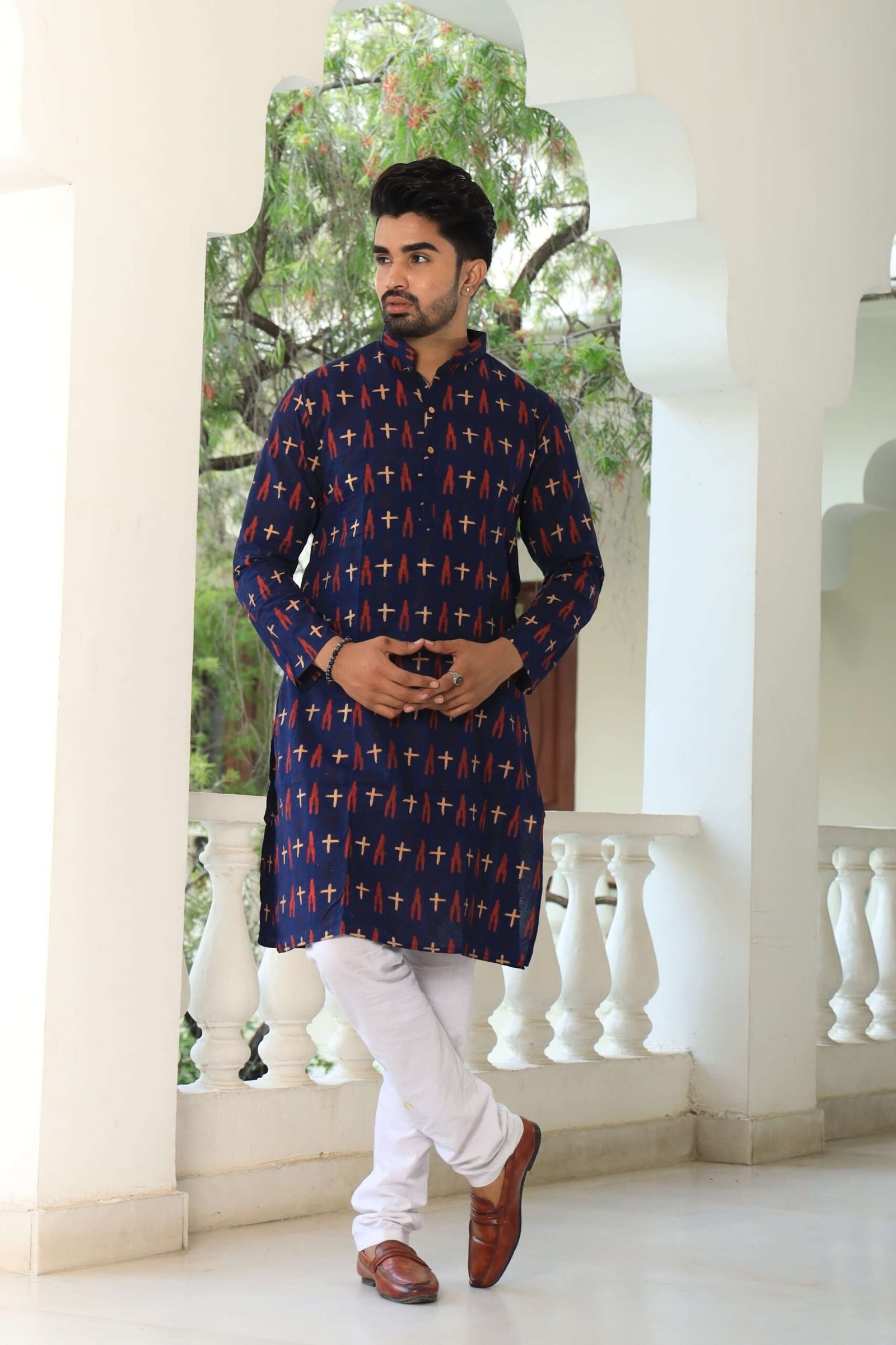 Mens Navy Blue Printed Cotton Kurta with White Pajama ? Stylish Ethnic Wear for Weddings & Festive Celebrations