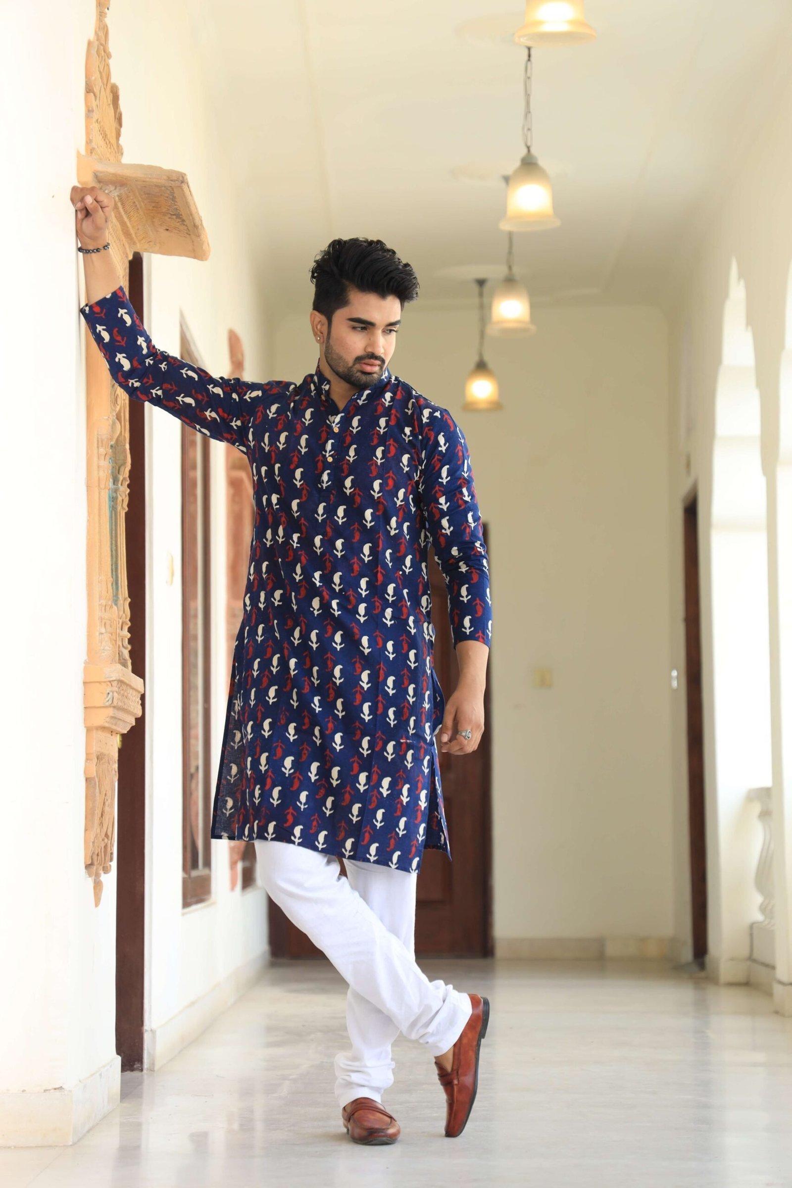 Mens Navy Blue Printed Cotton Kurta with White Pajama ? Traditional Ethnic Wear for Festive & Wedding
