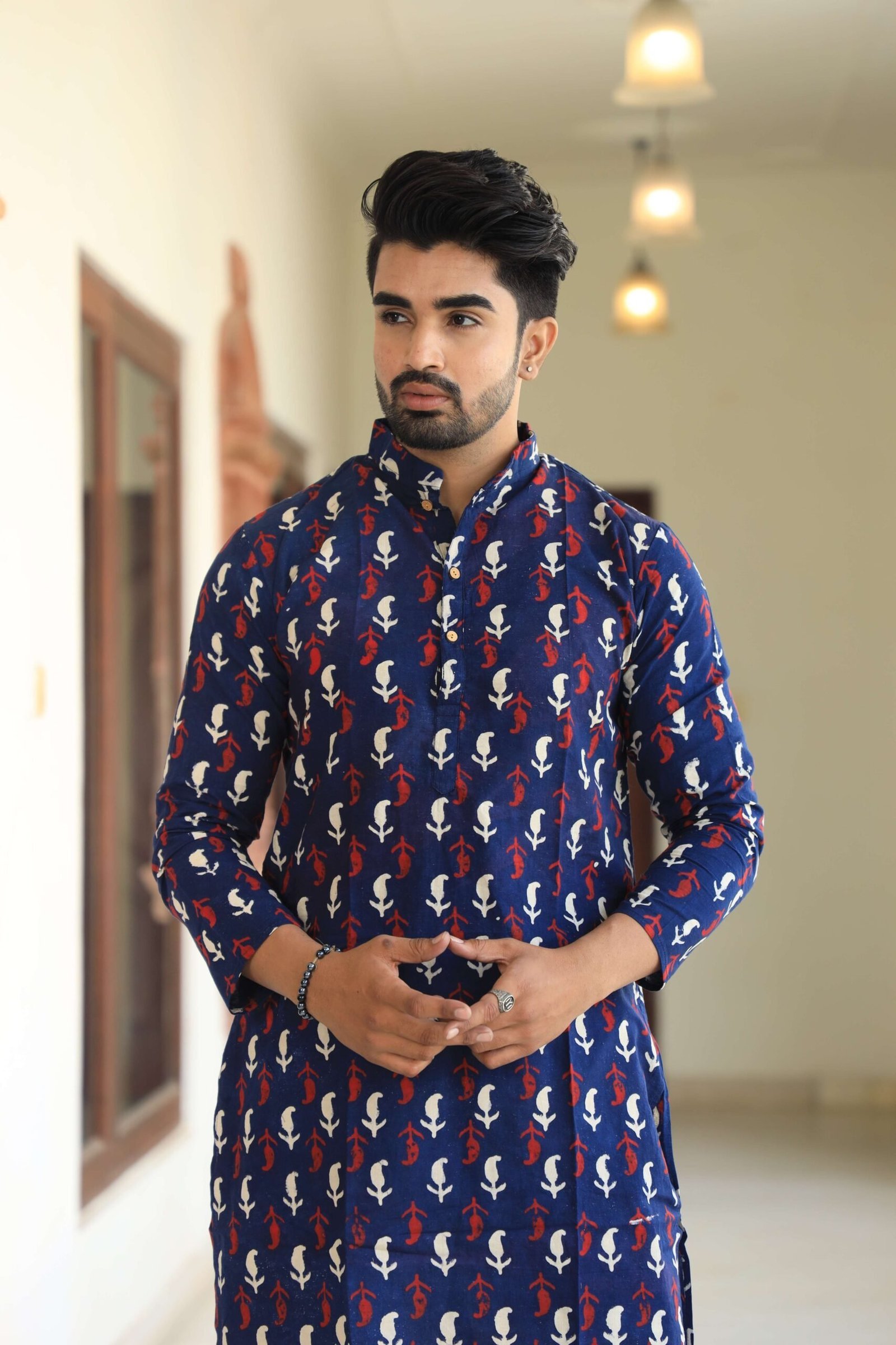 Mens Navy Blue Printed Cotton Kurta with White Pajama ? Traditional Ethnic Wear for Festive & Wedding