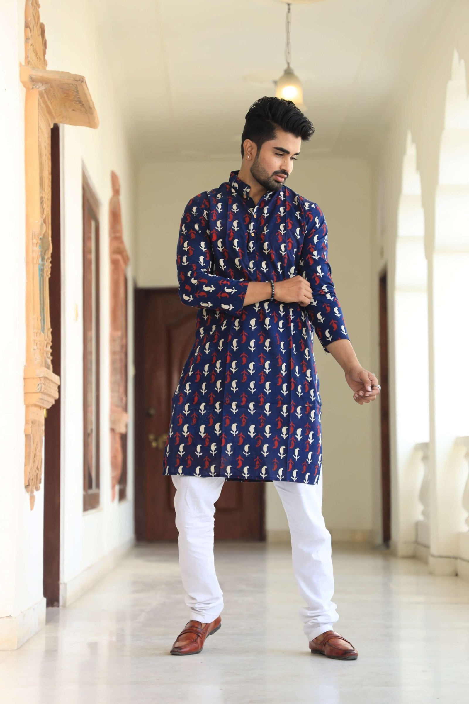 Mens Navy Blue Printed Cotton Kurta with White Pajama ? Traditional Ethnic Wear for Festive & Wedding
