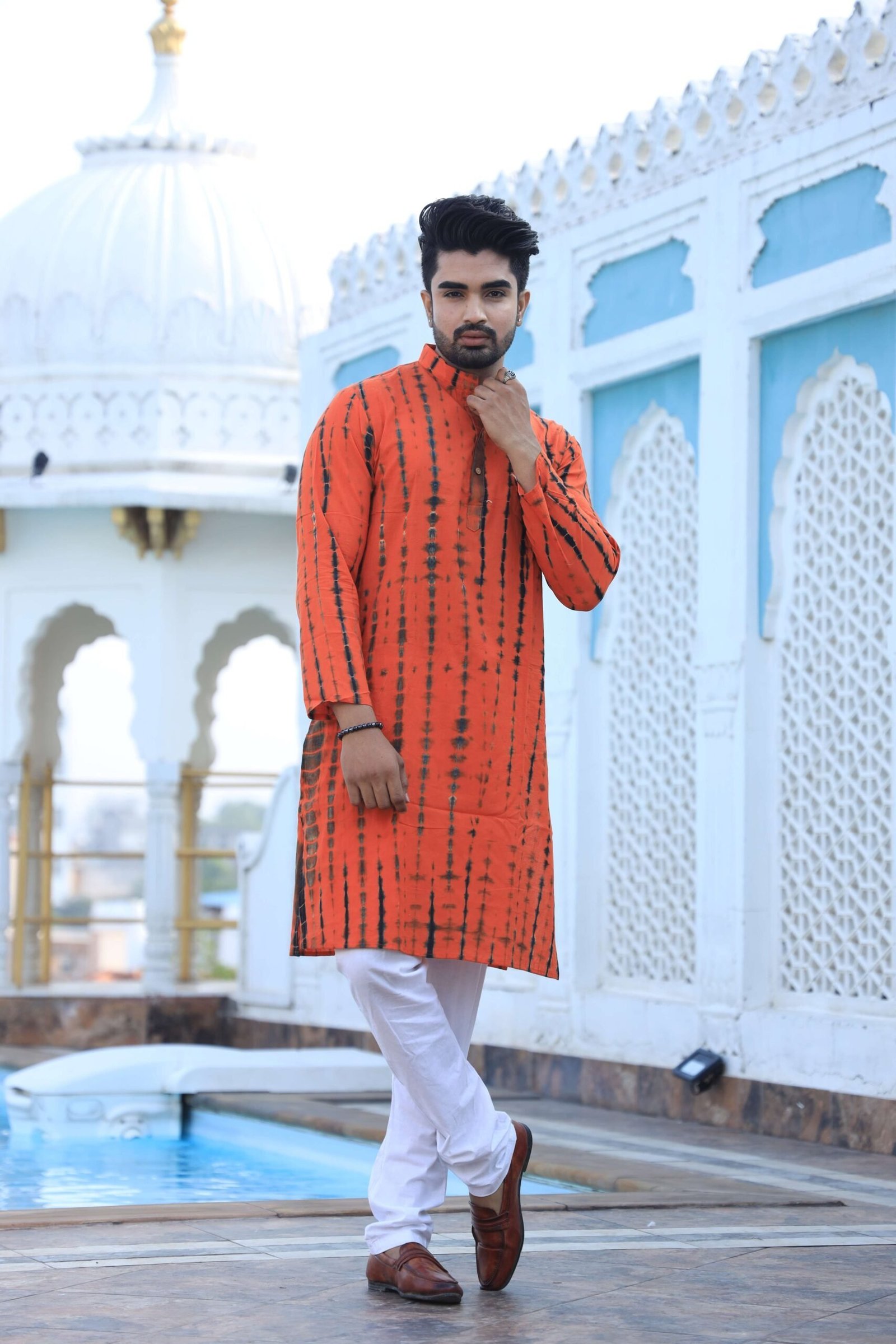 Mens Orange Tie-Dye Cotton Kurta with White Pajama ? Festive & Haldi Ceremony Wear