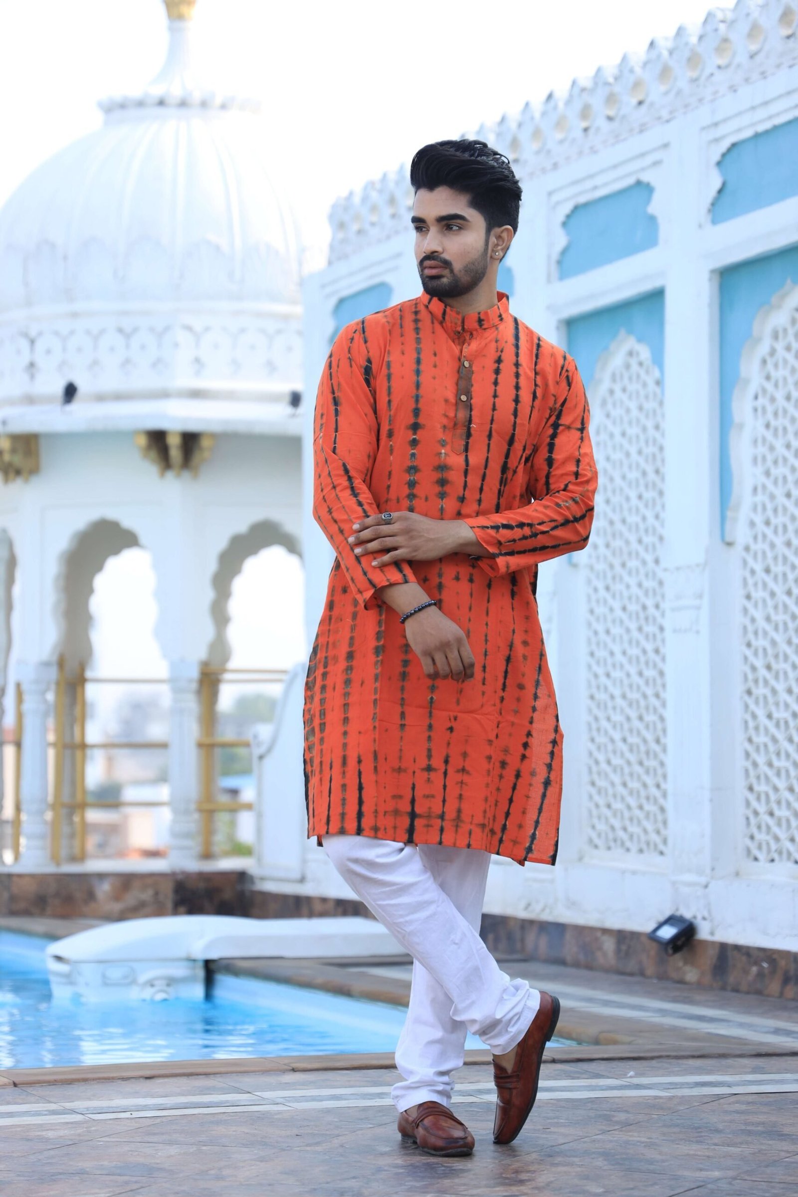 Mens Orange Tie-Dye Cotton Kurta with White Pajama ? Festive & Haldi Ceremony Wear
