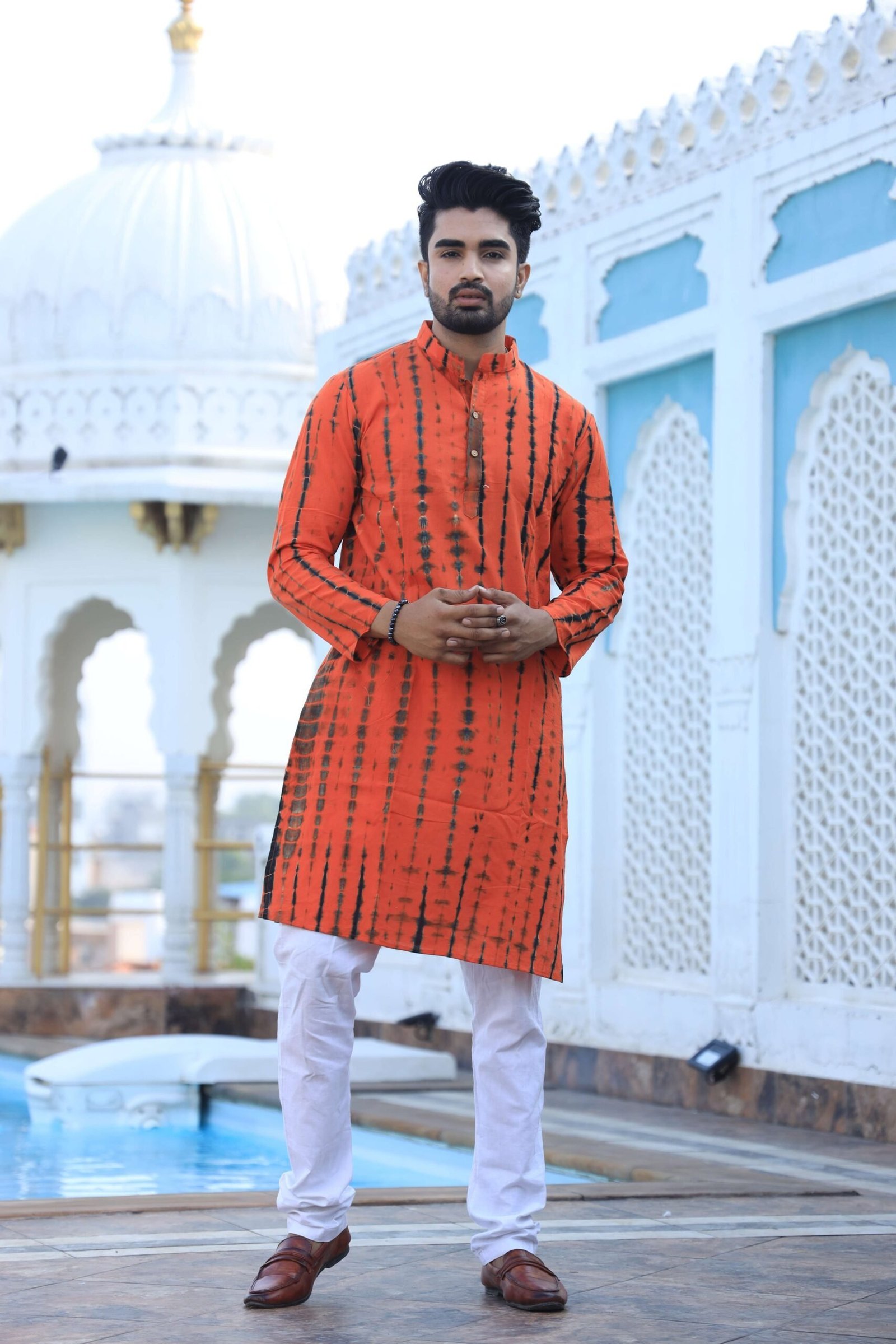 Mens Orange Tie-Dye Cotton Kurta with White Pajama ? Festive & Haldi Ceremony Wear
