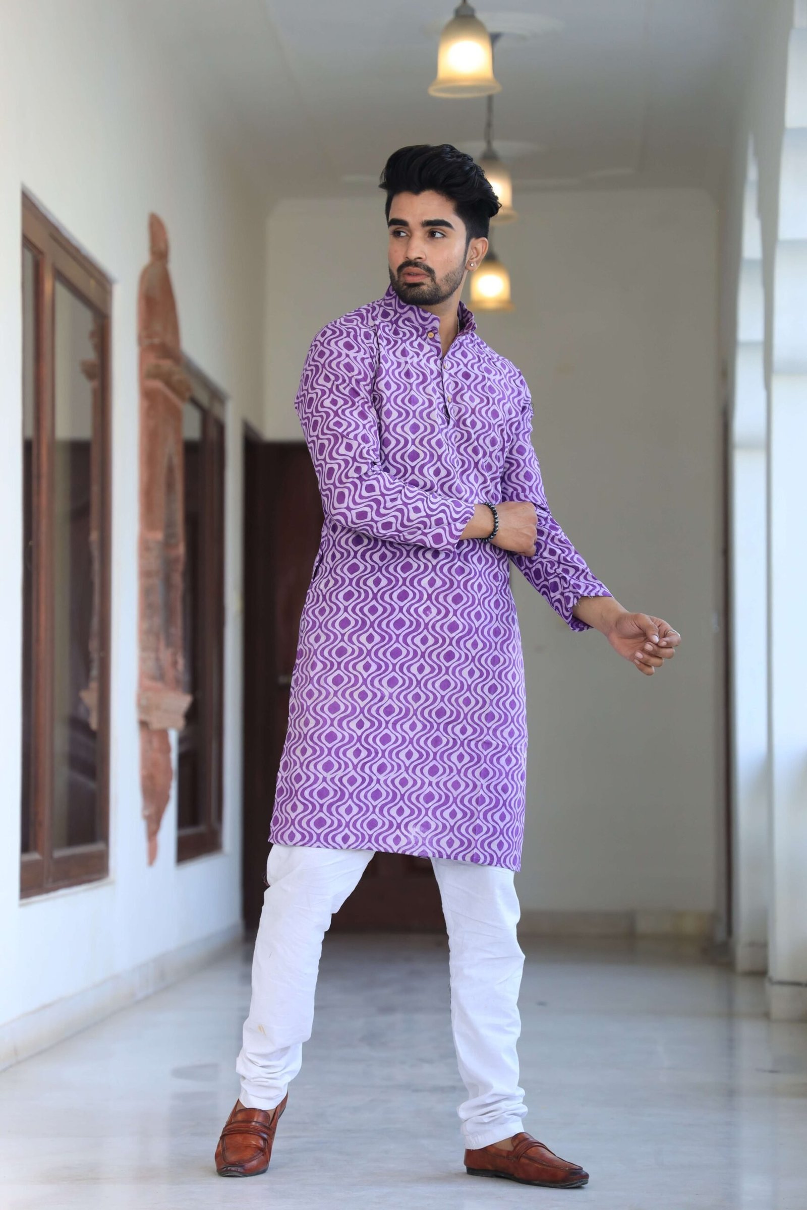 Mens Purple Printed Cotton Kurta with White Pajama ? Traditional Festive & Casual Wear