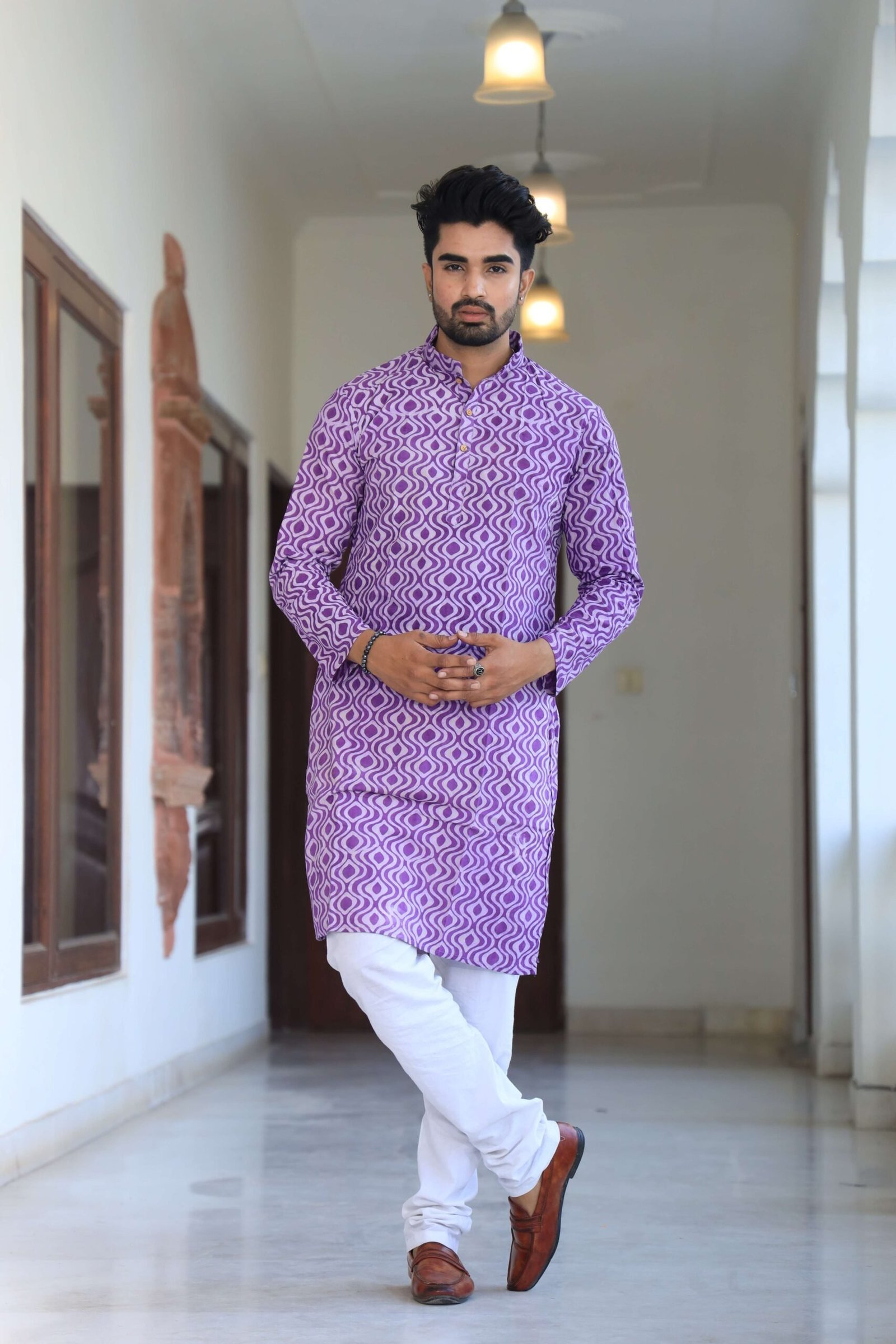 Mens Purple Printed Cotton Kurta with White Pajama ? Traditional Festive & Casual Wear