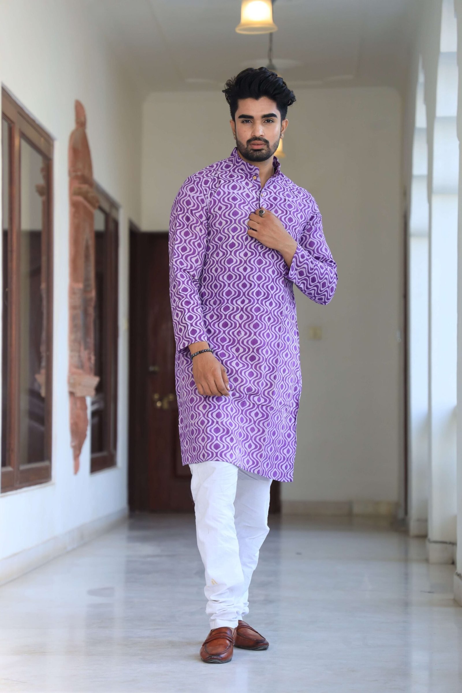 Mens Purple Printed Cotton Kurta with White Pajama ? Traditional Festive & Casual Wear