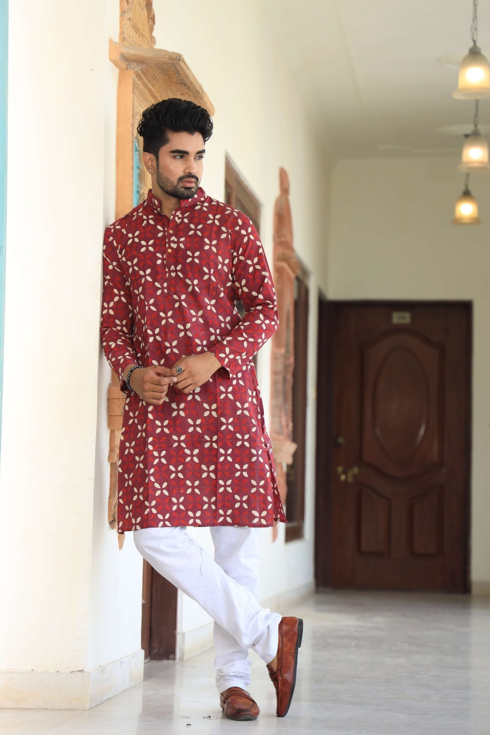 Mens Red Floral Printed Cotton Kurta with White Pajama ? Traditional Ethnic Wear for Festive & Wedding