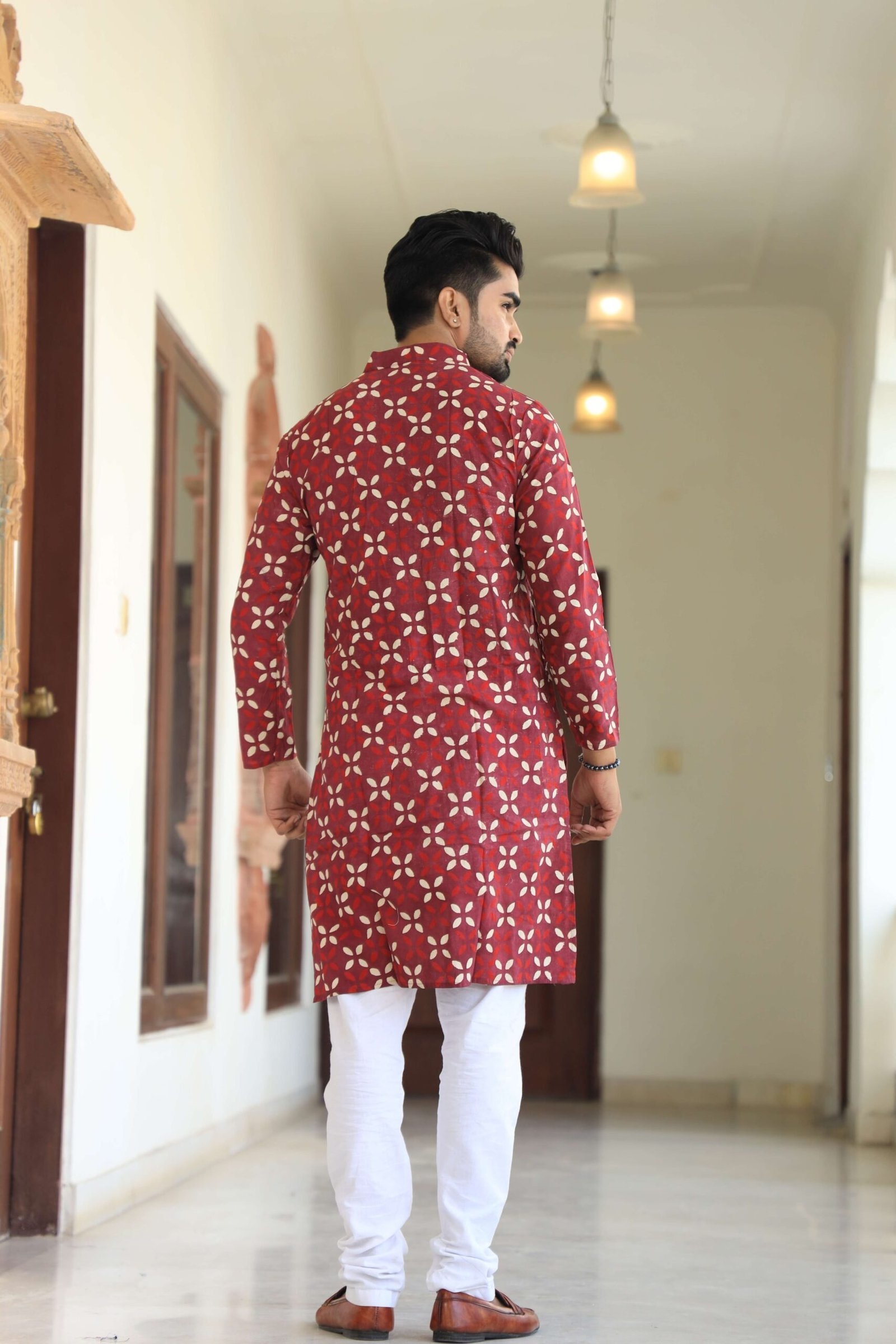 Mens Red Floral Printed Cotton Kurta with White Pajama ? Traditional Ethnic Wear for Festive & Wedding