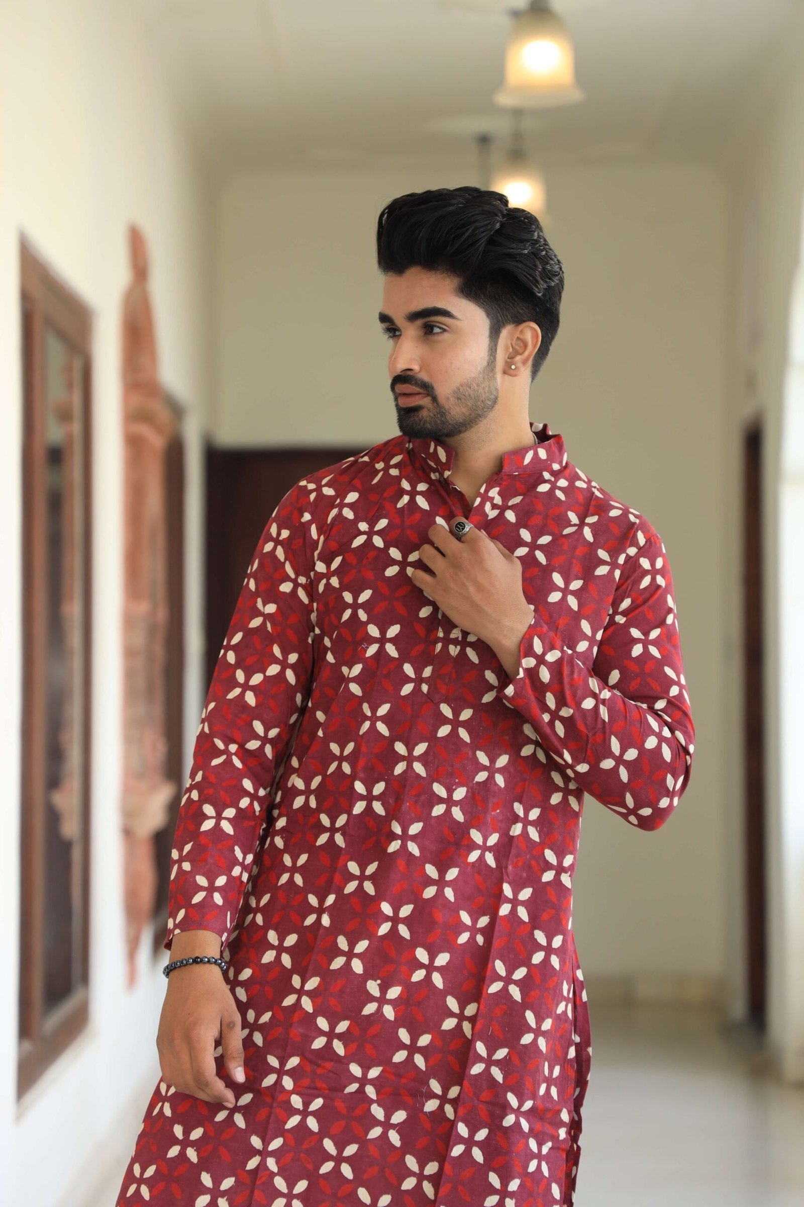 Mens Red Floral Printed Cotton Kurta with White Pajama ? Traditional Ethnic Wear for Festive & Wedding
