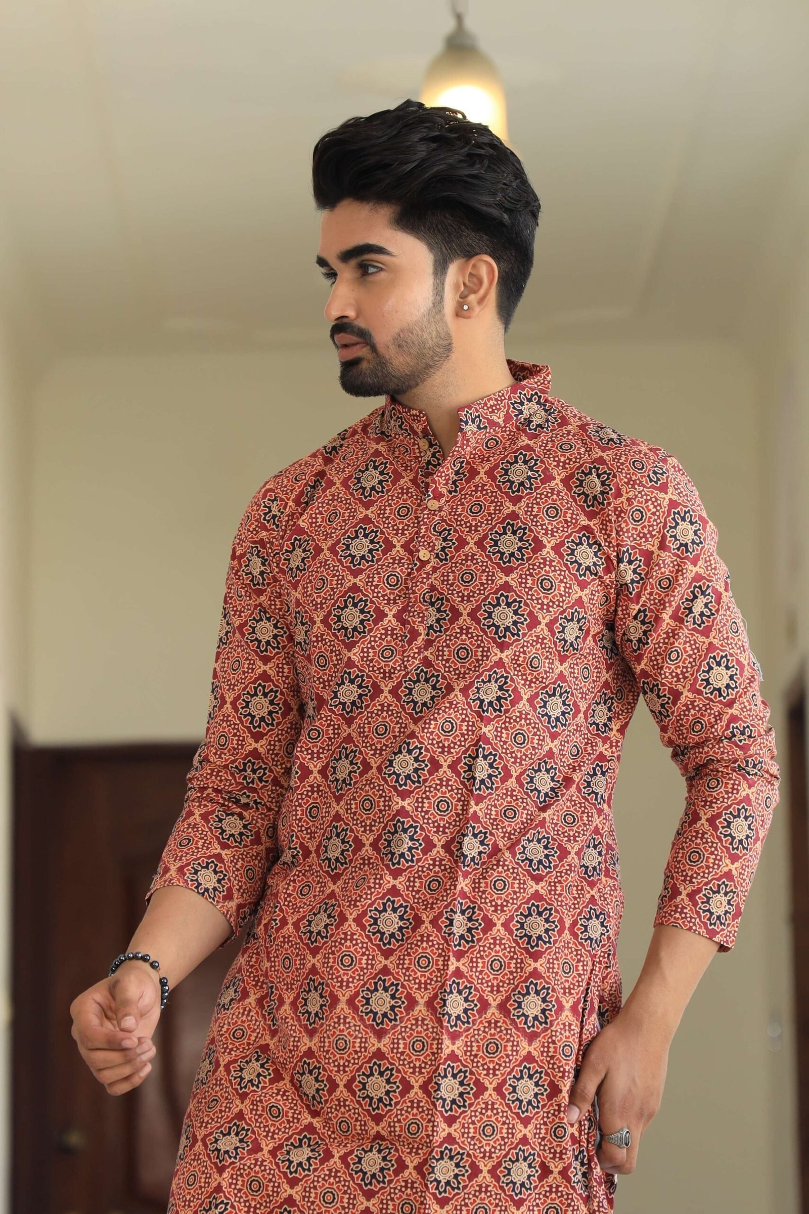 Mens Red Printed Cotton Kurta with White Pajama ? Ethnic Wear for Weddings & Festivals
