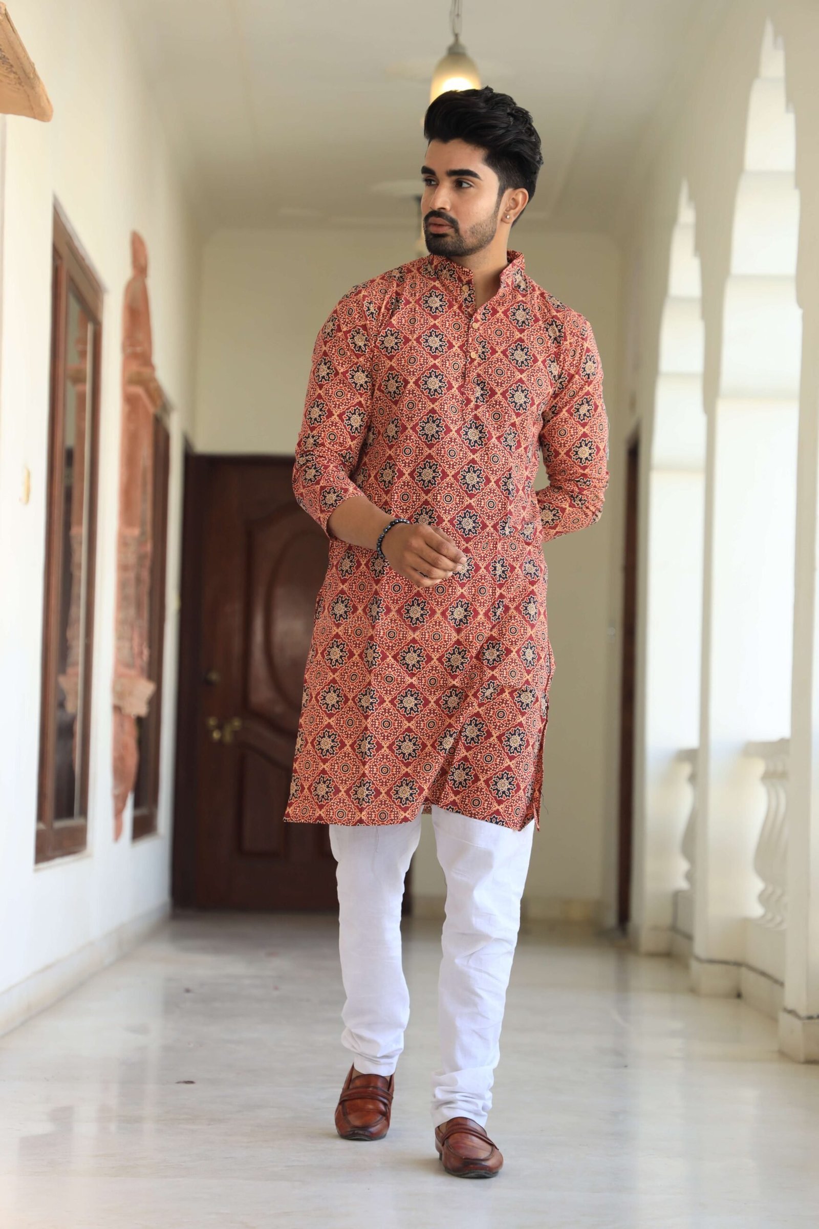 Mens Red Printed Cotton Kurta with White Pajama ? Ethnic Wear for Weddings & Festivals