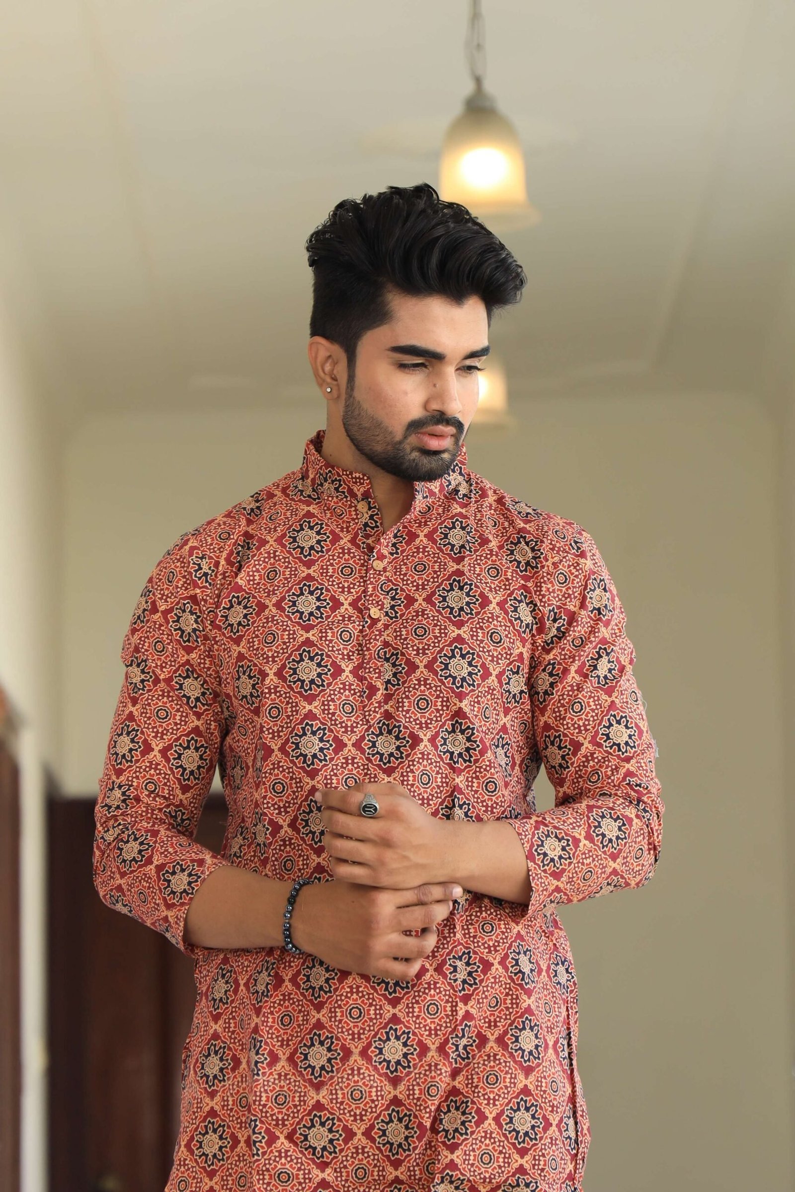 Mens Red Printed Cotton Kurta with White Pajama ? Ethnic Wear for Weddings & Festivals