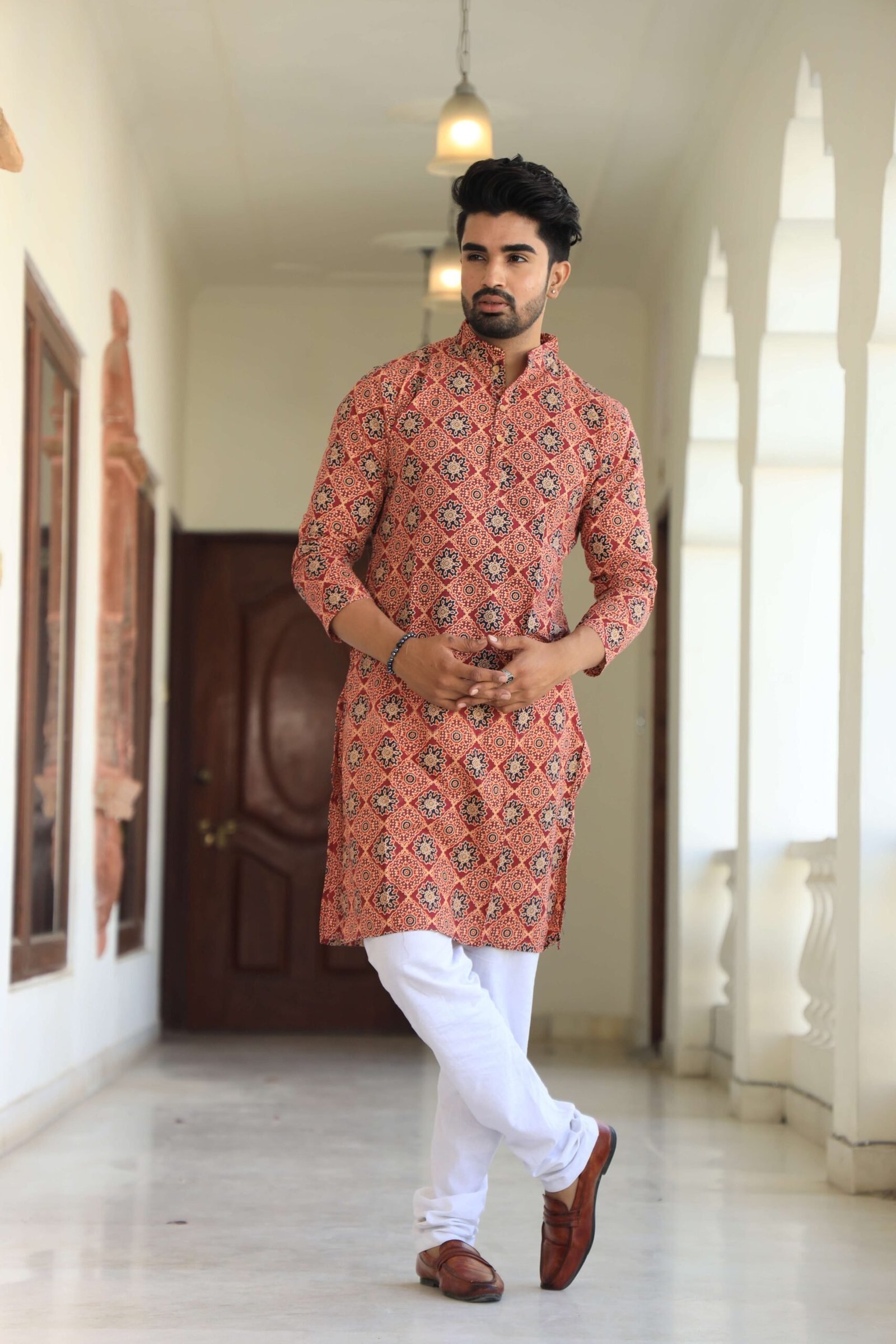 Mens Red Printed Cotton Kurta with White Pajama ? Ethnic Wear for Weddings & Festivals