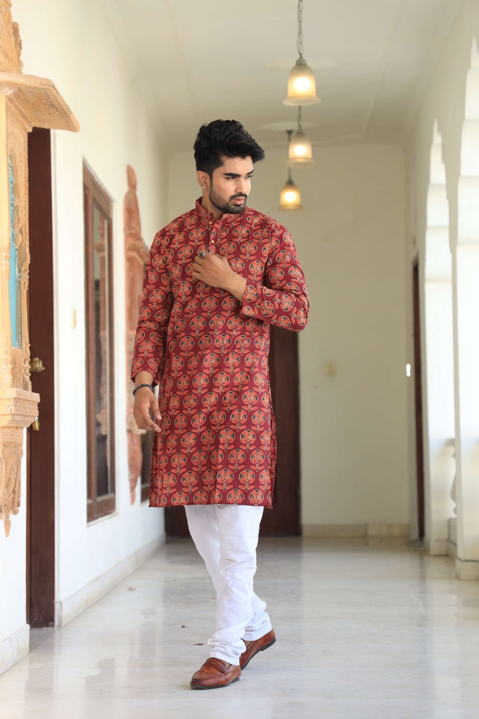 Mens Red Printed Cotton Kurta with White Pajama ? Ethnic Wear for Weddings & Festivals