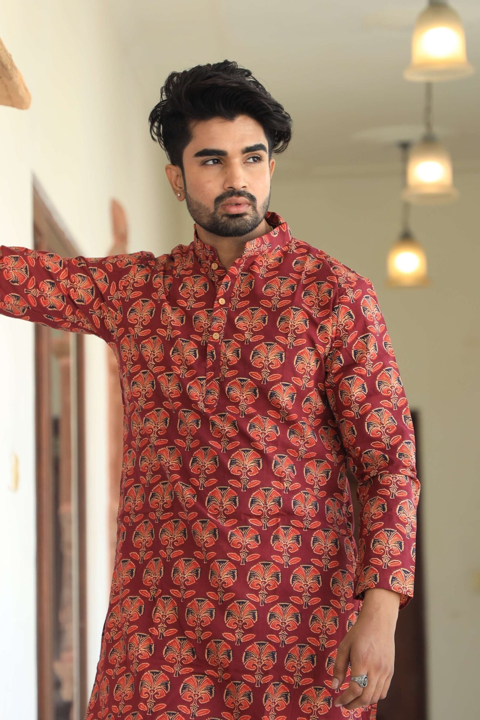 Mens Red Printed Cotton Kurta with White Pajama ? Ethnic Wear for Weddings & Festivals