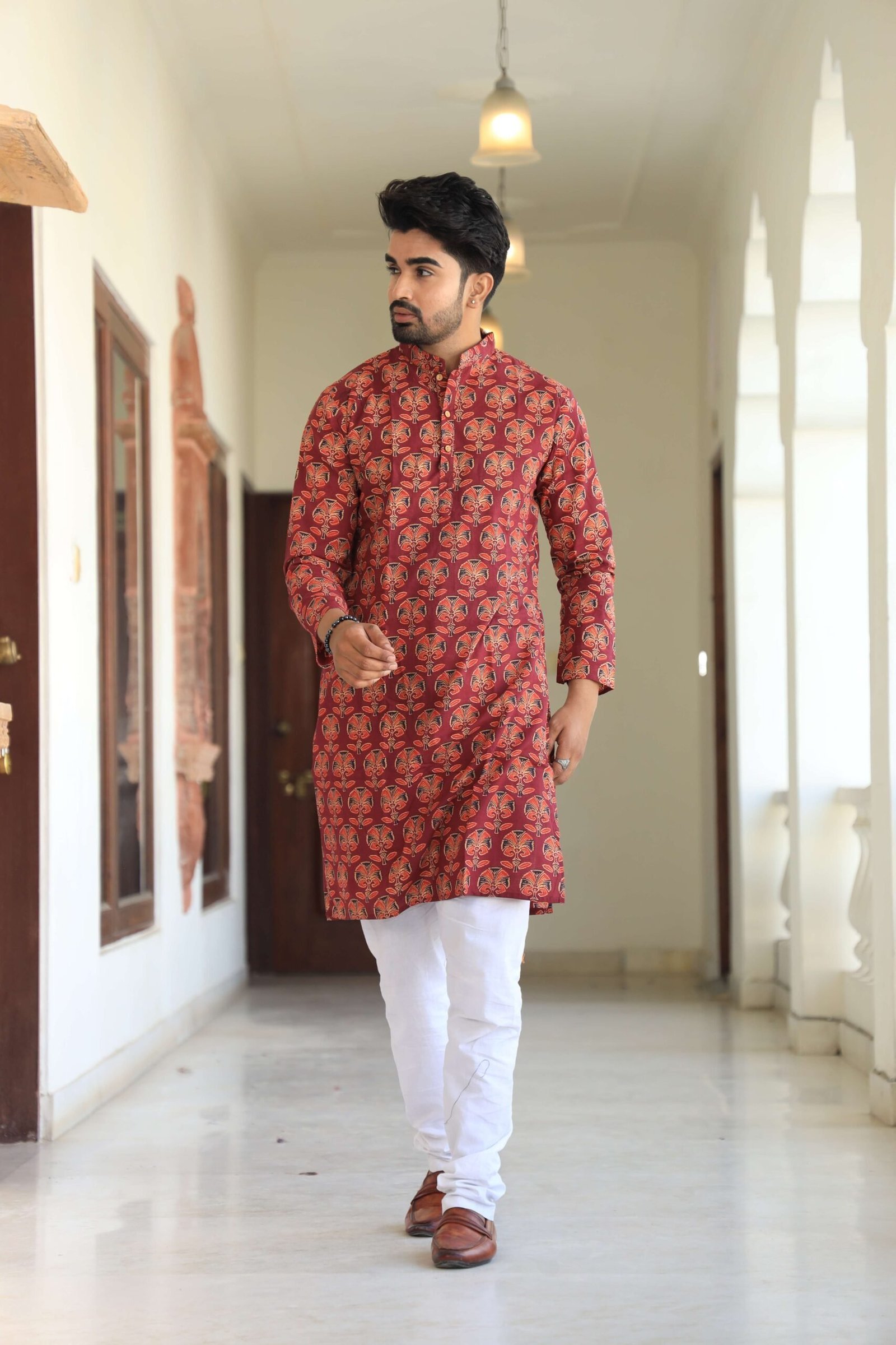 Mens Red Printed Cotton Kurta with White Pajama ? Ethnic Wear for Weddings & Festivals