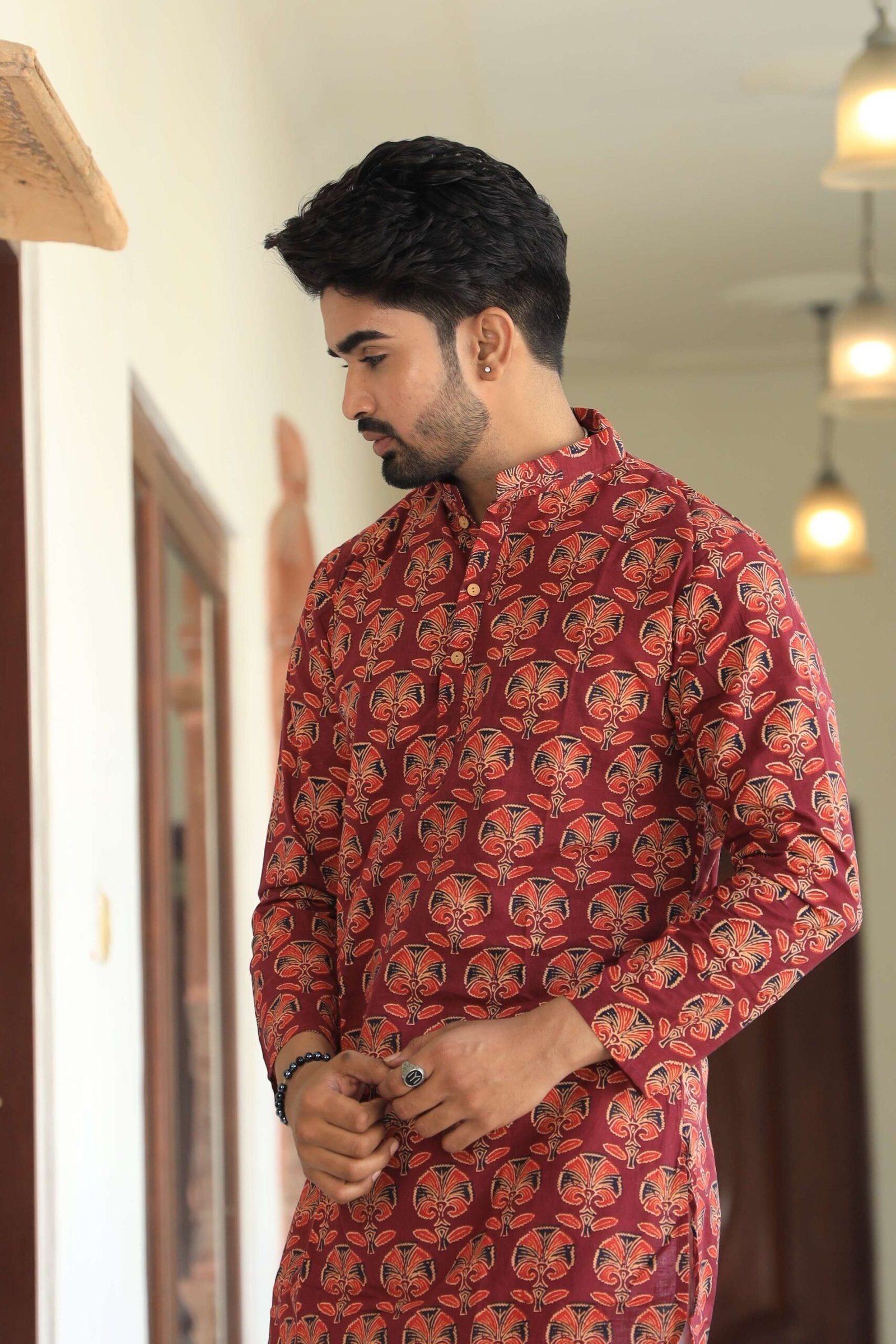 Mens Red Printed Cotton Kurta with White Pajama ? Ethnic Wear for Weddings & Festivals