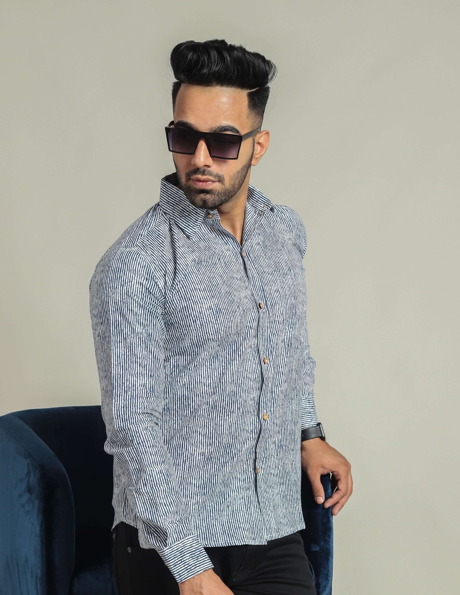 Men?s Blue & White Striped Cotton Linen Shirt ? Full Sleeve Casual Wear