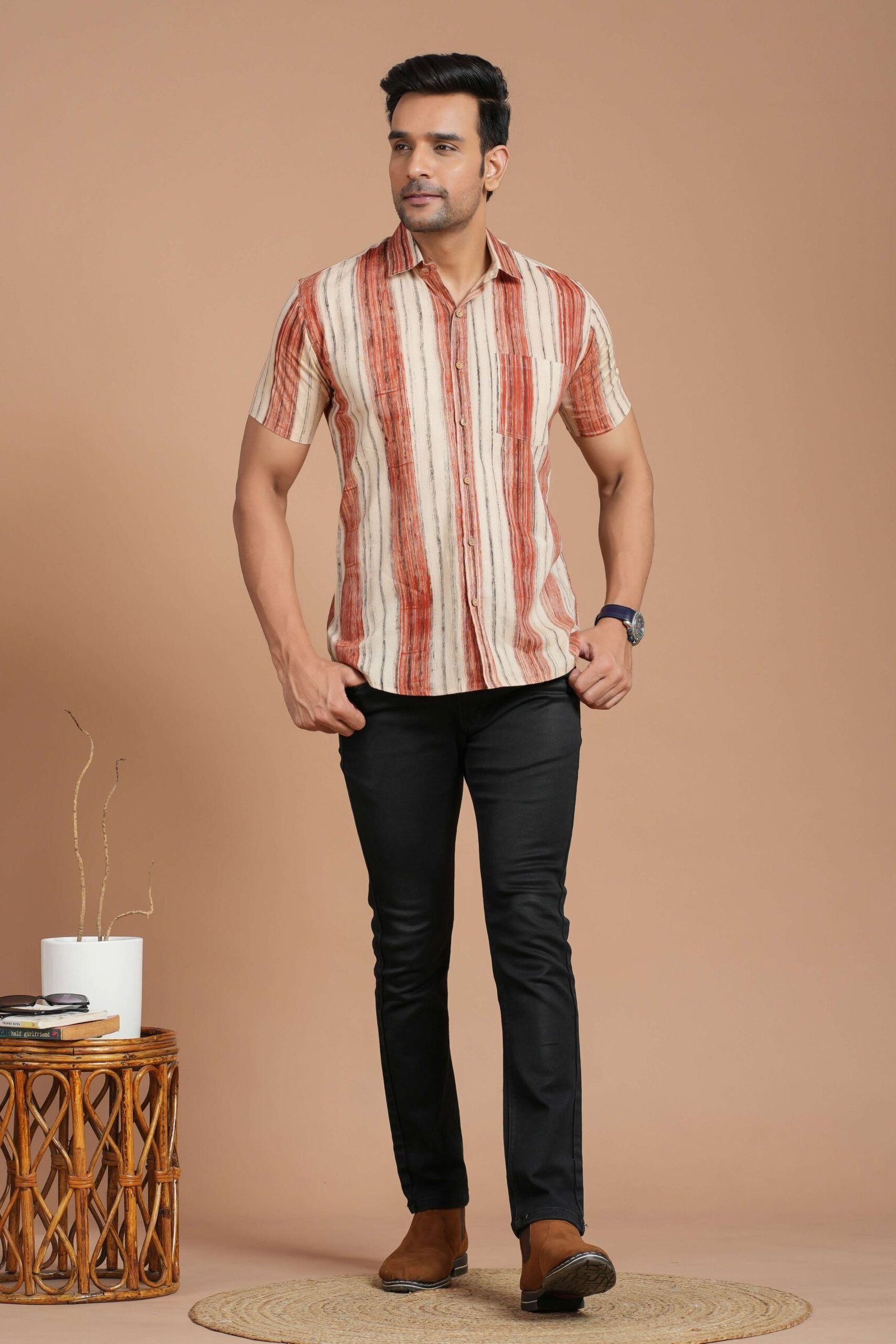 Men’s Cotton Beige & Rust Striped Short-Sleeve Shirt ? Casual Summer Wear