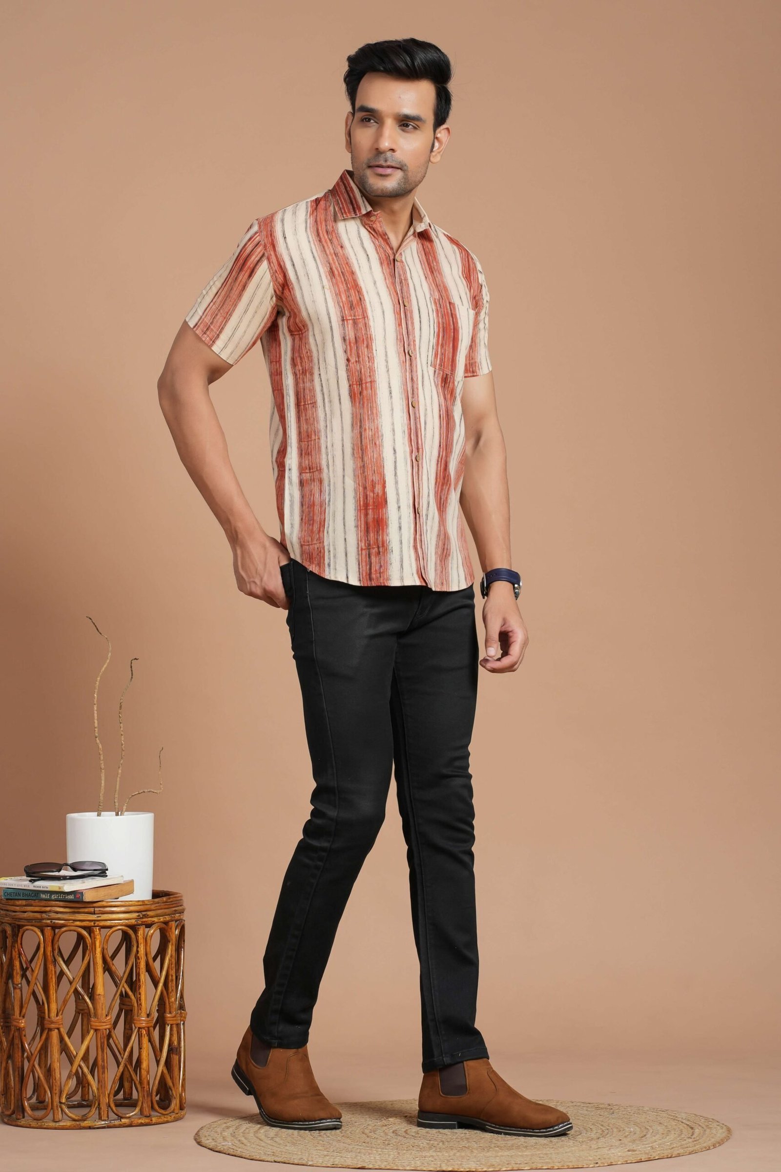 Men’s Cotton Beige & Rust Striped Short-Sleeve Shirt ? Casual Summer Wear