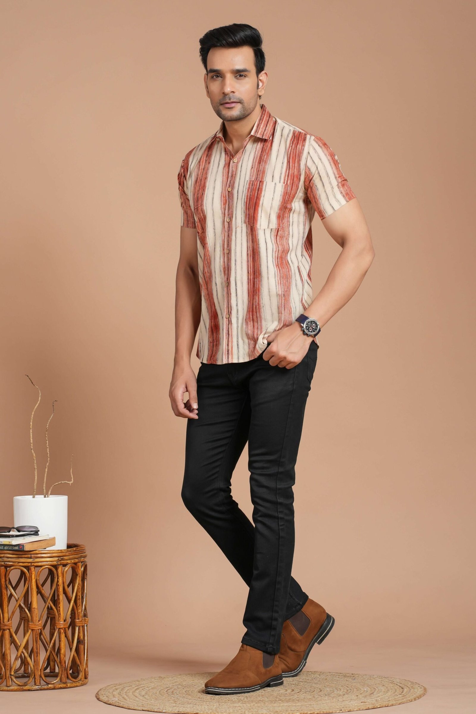 Men’s Cotton Beige & Rust Striped Short-Sleeve Shirt ? Casual Summer Wear