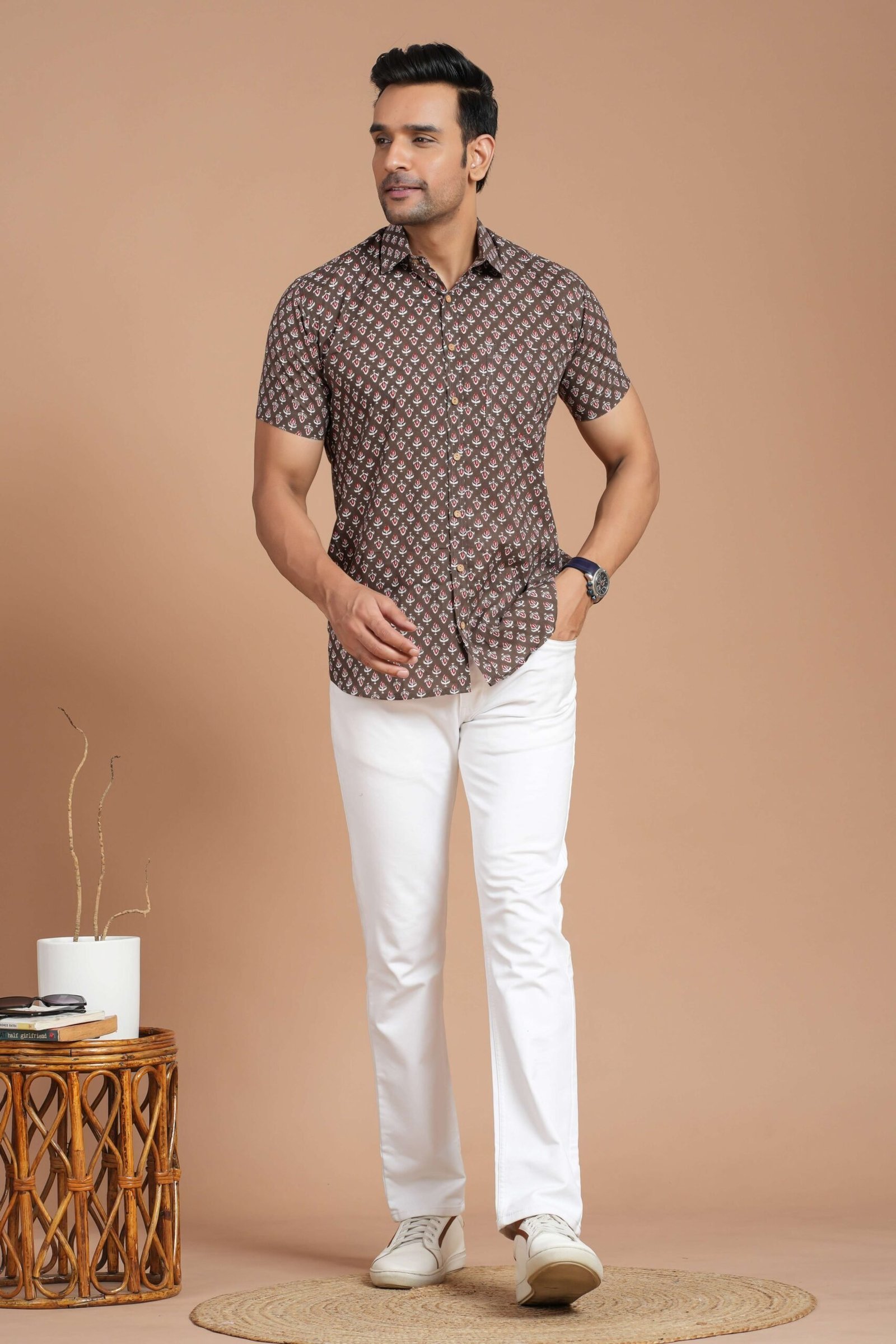 Men’s Cotton Brown Printed Short-Sleeve Shirt ? Casual & Daily Summer Wear