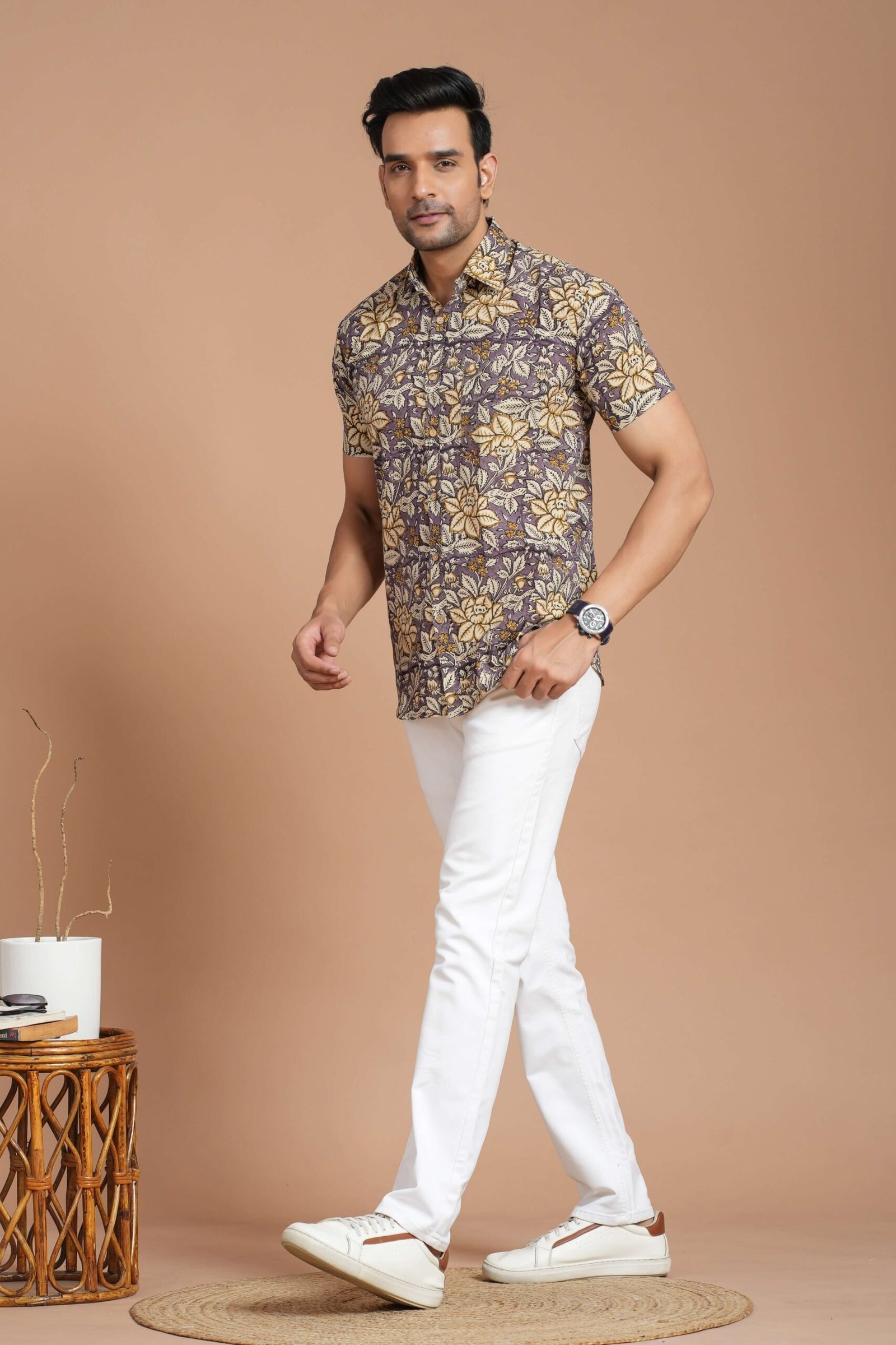 Men’s Cotton Mustard Floral Printed Short-Sleeve Shirt ? Casual Summer Outfit