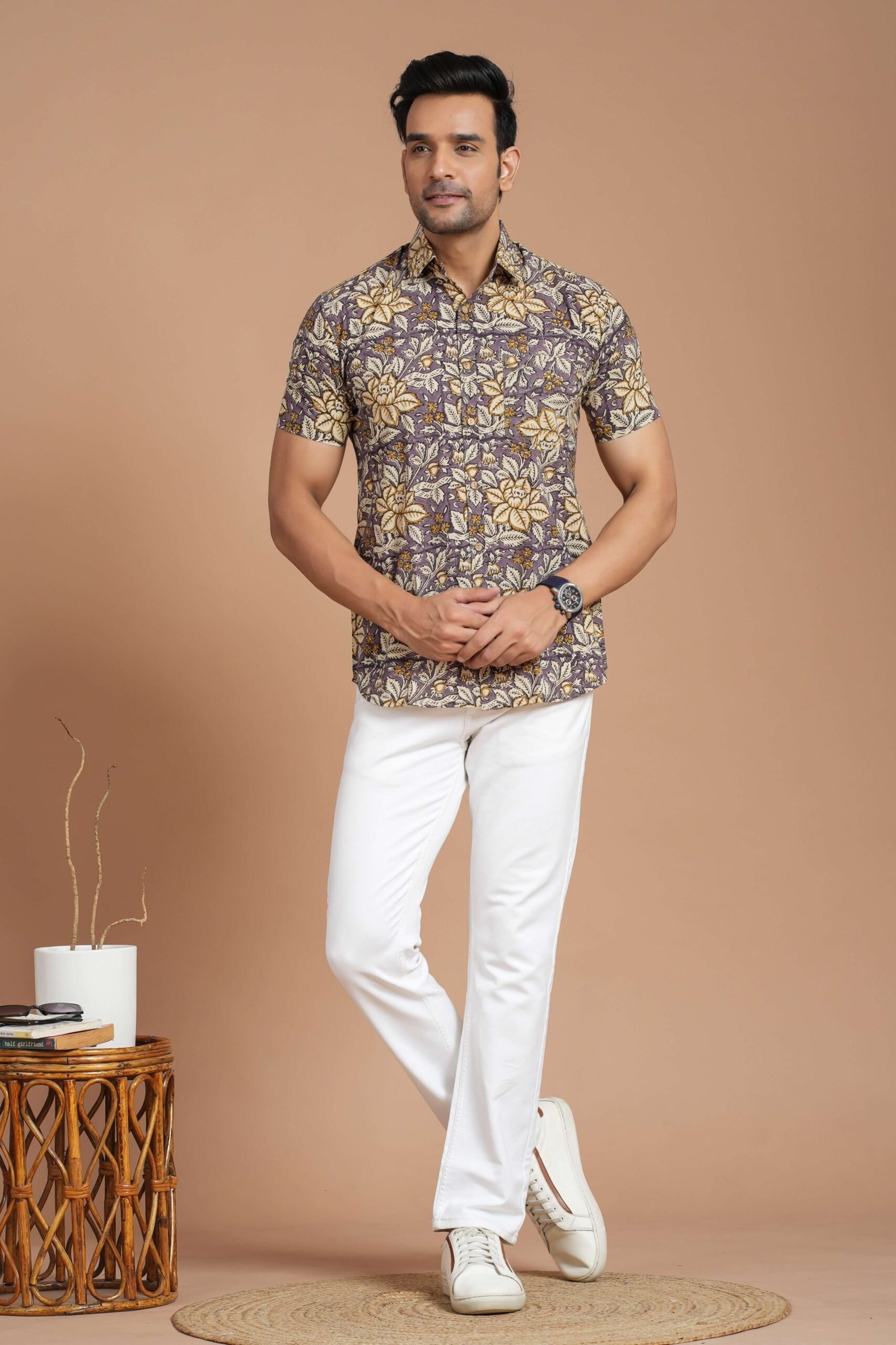 Men’s Cotton Mustard Floral Printed Short-Sleeve Shirt ? Casual Summer Outfit