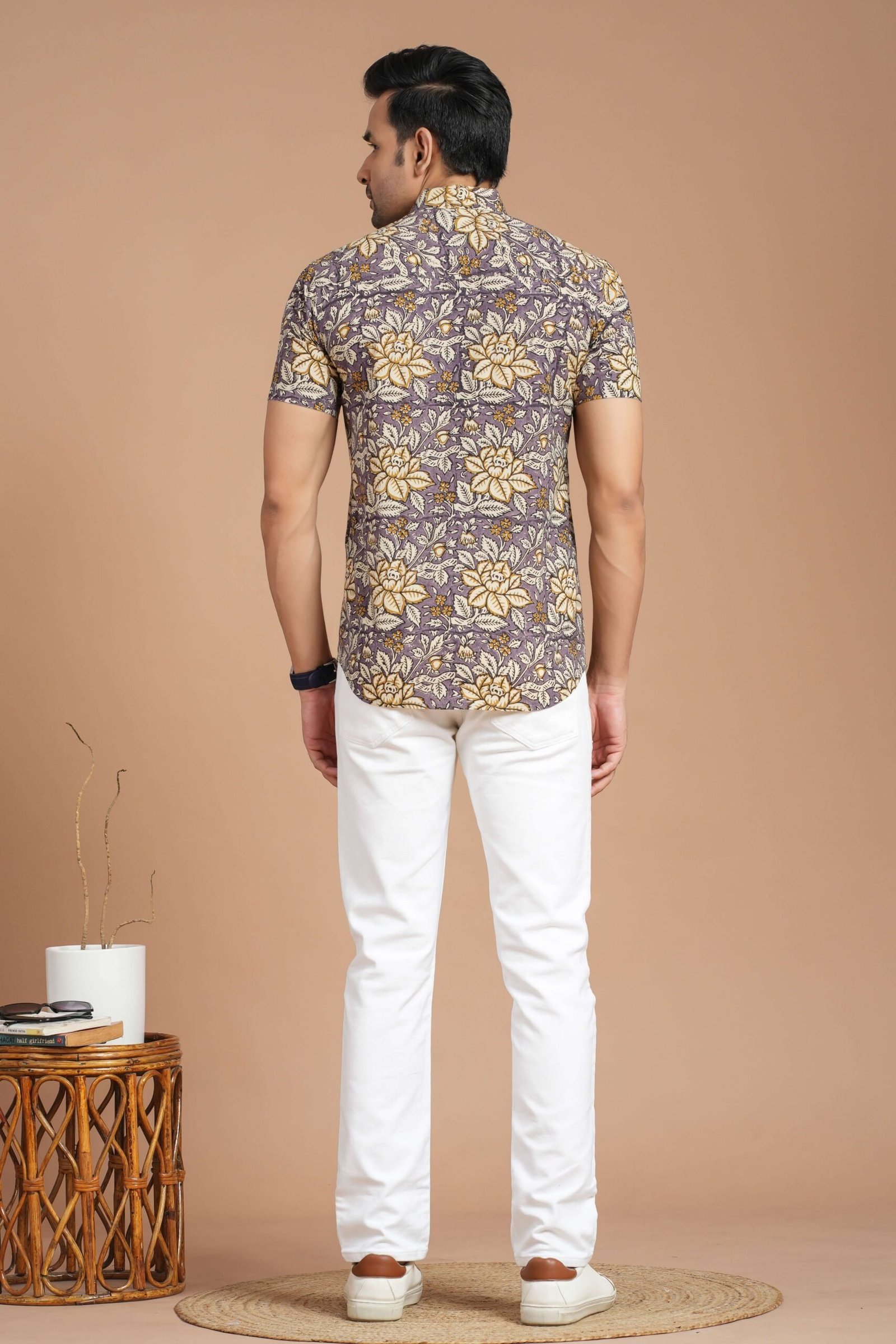 Men’s Cotton Mustard Floral Printed Short-Sleeve Shirt ? Casual Summer Outfit