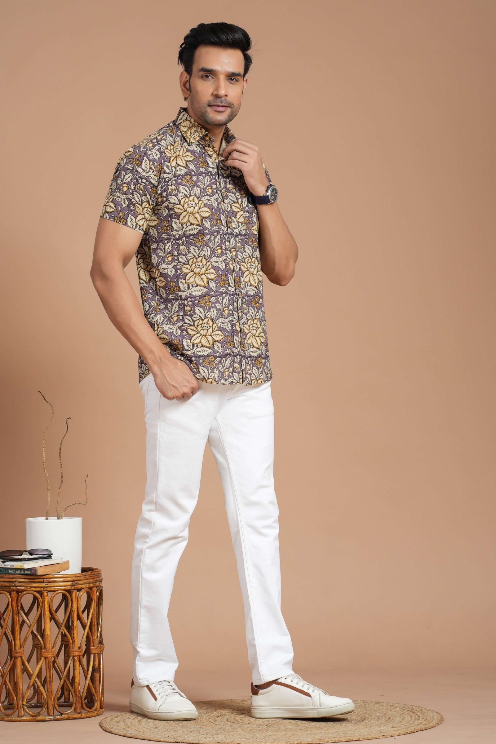 Men’s Cotton Mustard Floral Printed Short-Sleeve Shirt ? Casual Summer Outfit