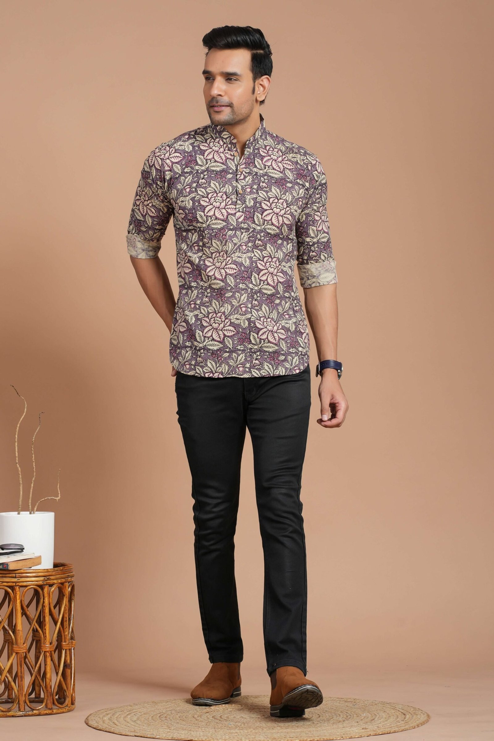 Men’s Cotton Purple Floral Printed Kurta ? Casual & Festive Daily Wear