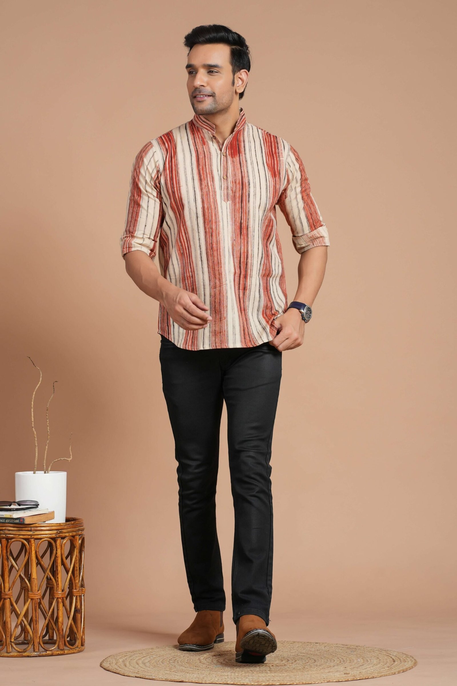 Men’s Cotton Red & Beige Striped Casual Kurta ? Daily & Festive Wear