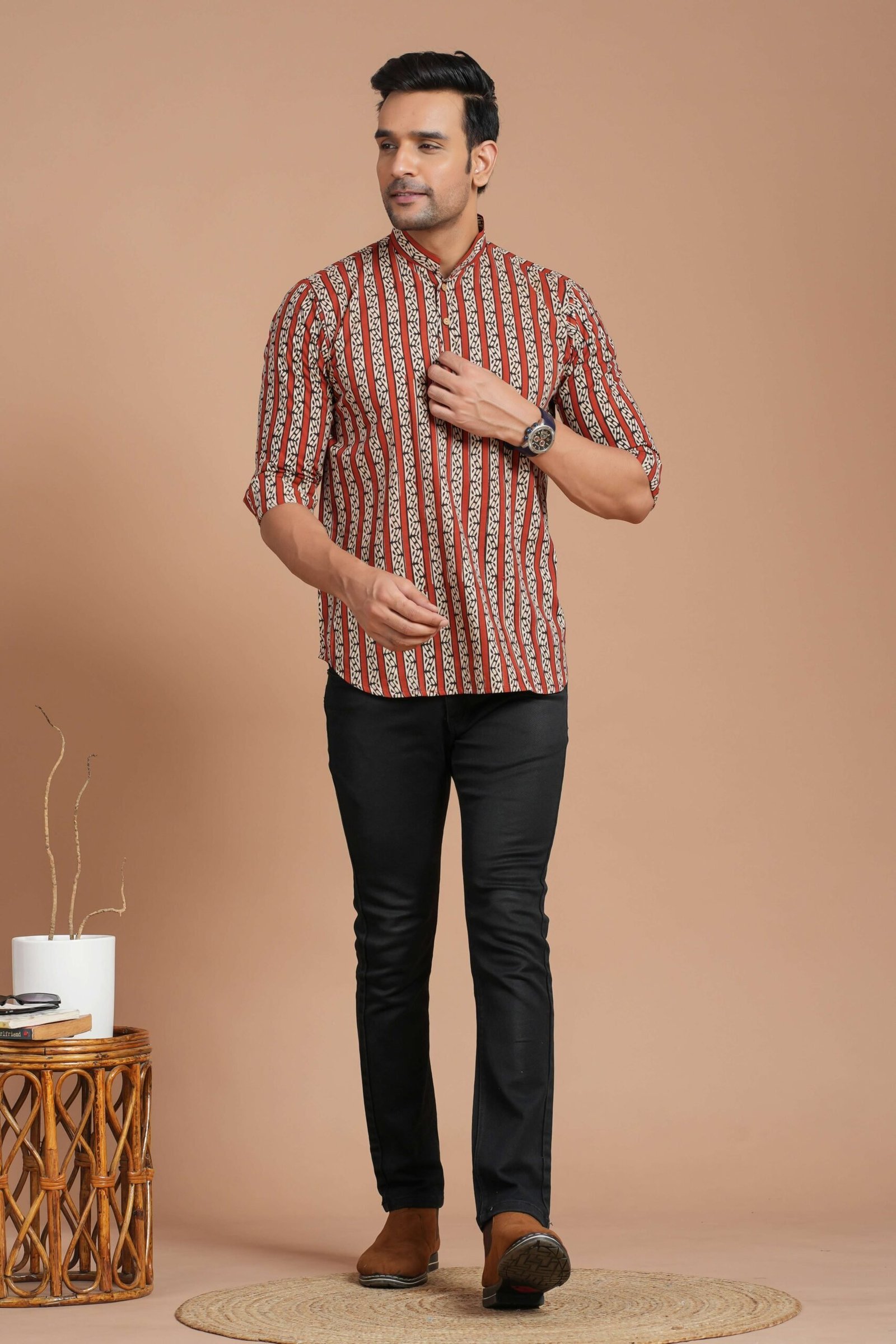 Men’s Cotton Red & Beige Striped Printed Kurta ? Casual & Festive Wear