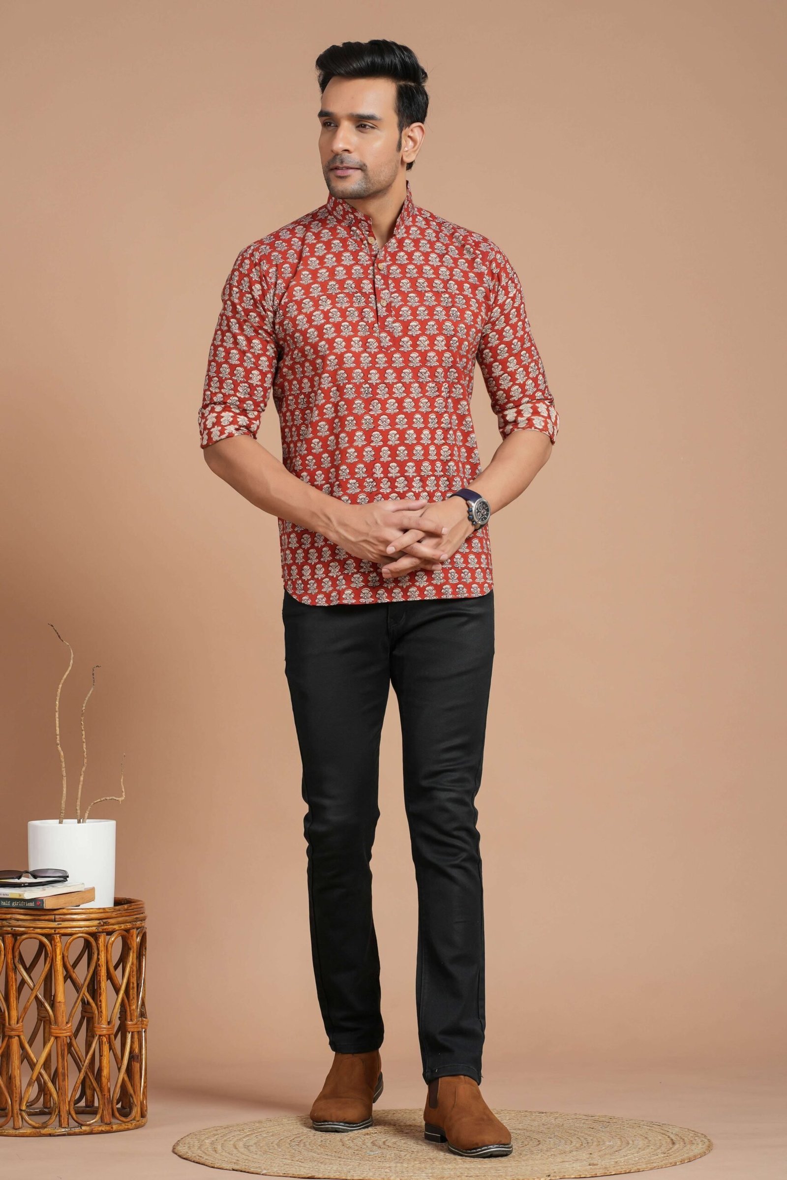 Men’s Cotton Red Printed Kurta ? Casual & Festive Daily Wear