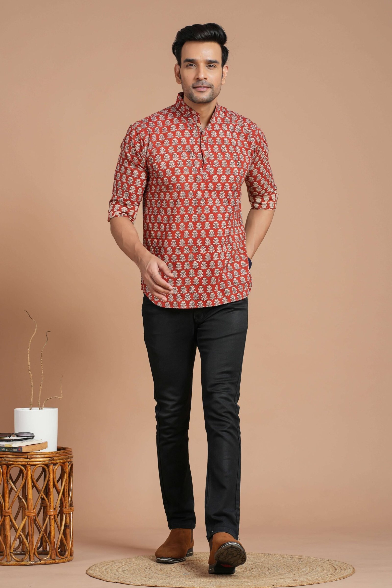 Men’s Cotton Red Printed Kurta ? Casual & Festive Daily Wear