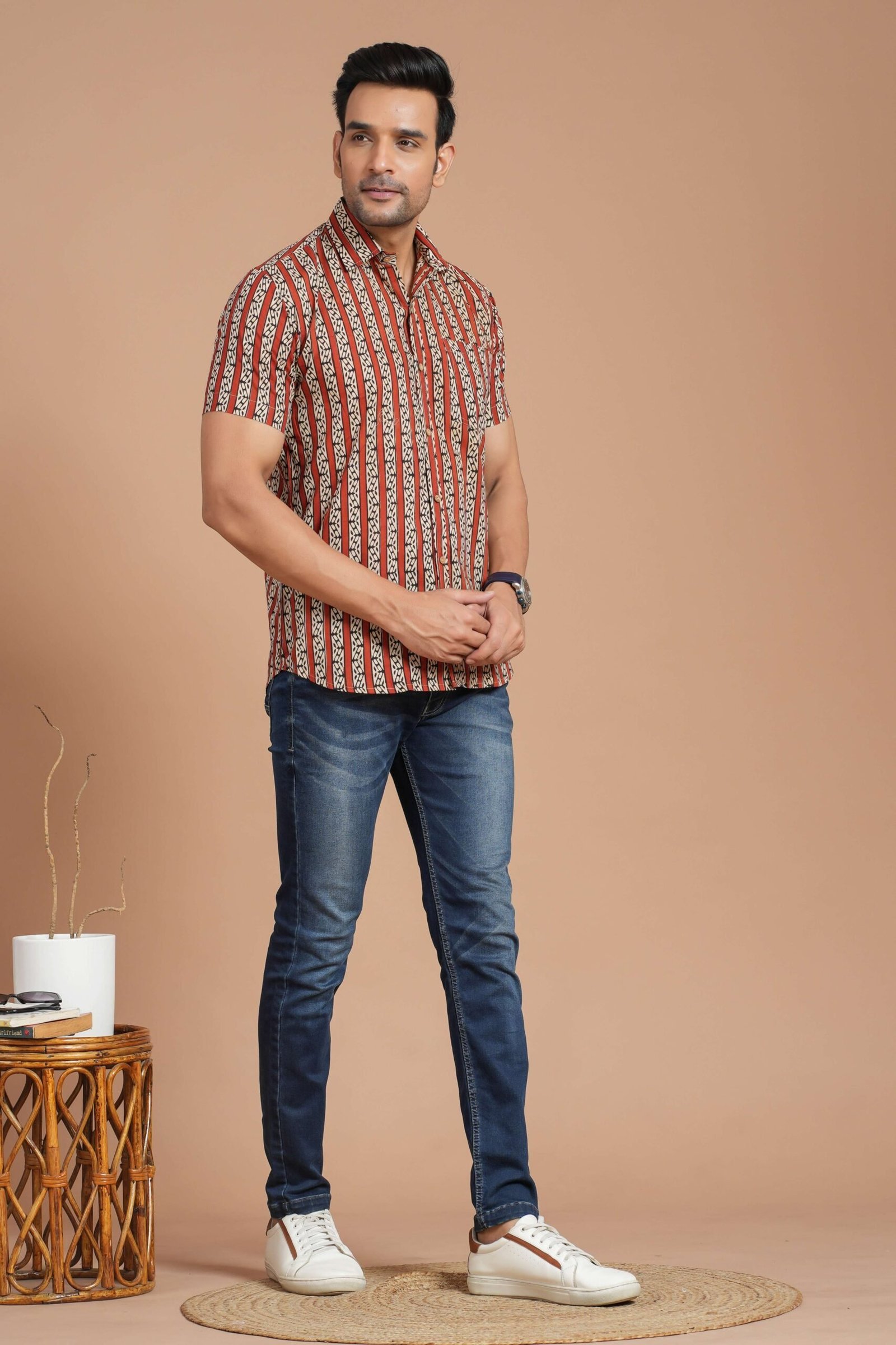 Men’s Cotton Rust Red Striped Printed Short-Sleeve Shirt ? Casual Summer Wear