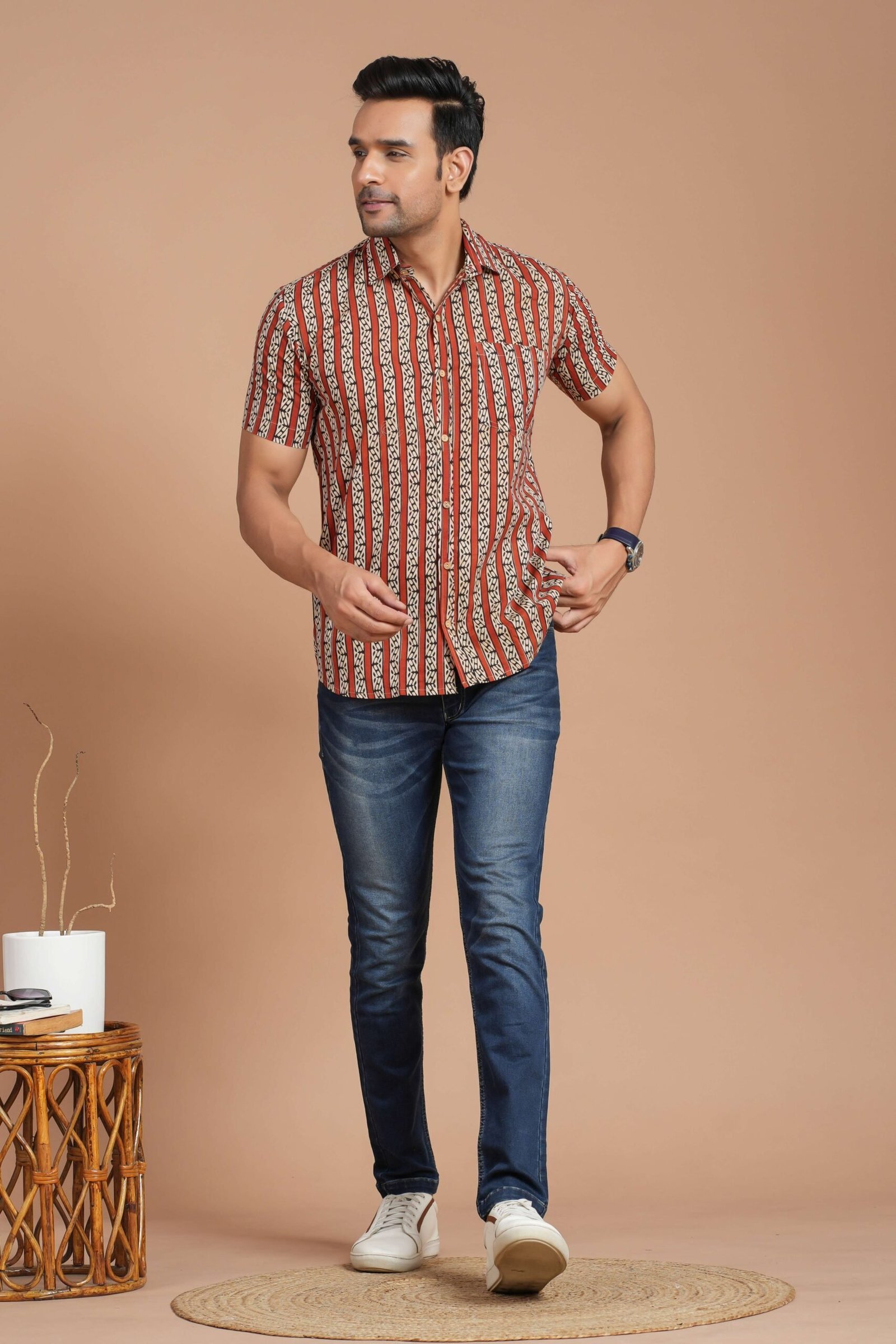 Men’s Cotton Rust Red Striped Printed Short-Sleeve Shirt ? Casual Summer Wear