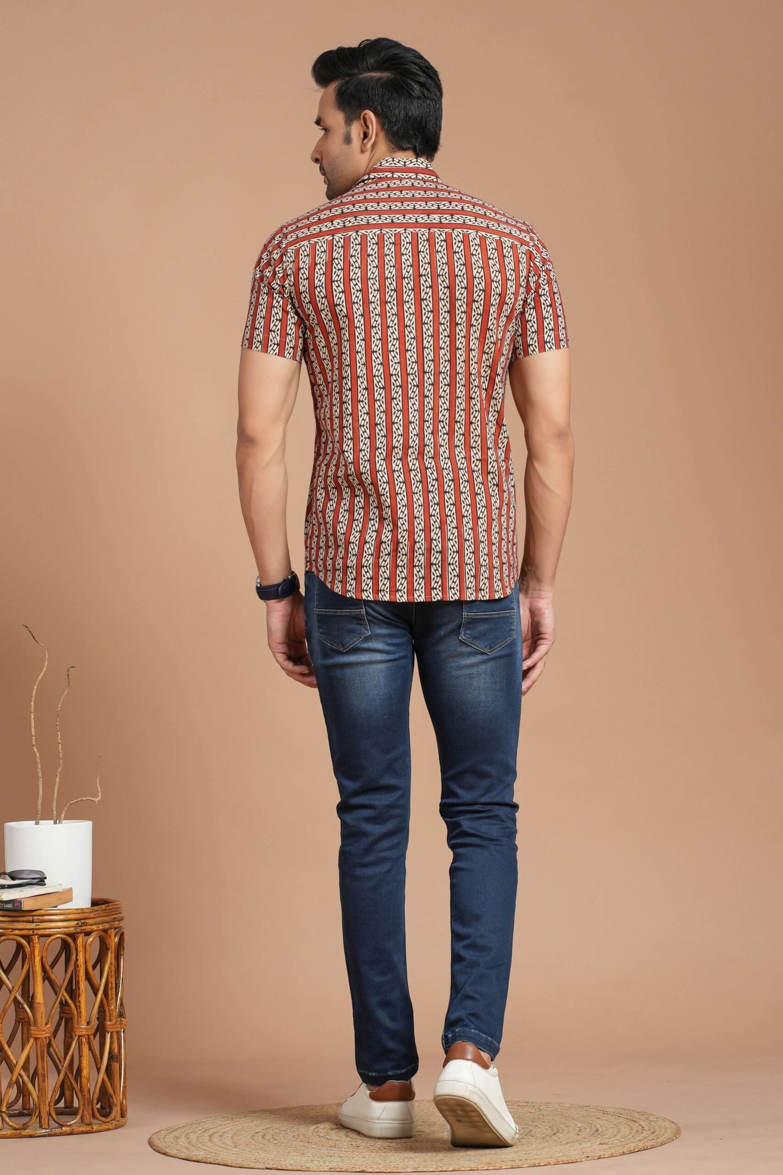 Men’s Cotton Rust Red Striped Printed Short-Sleeve Shirt ? Casual Summer Wear