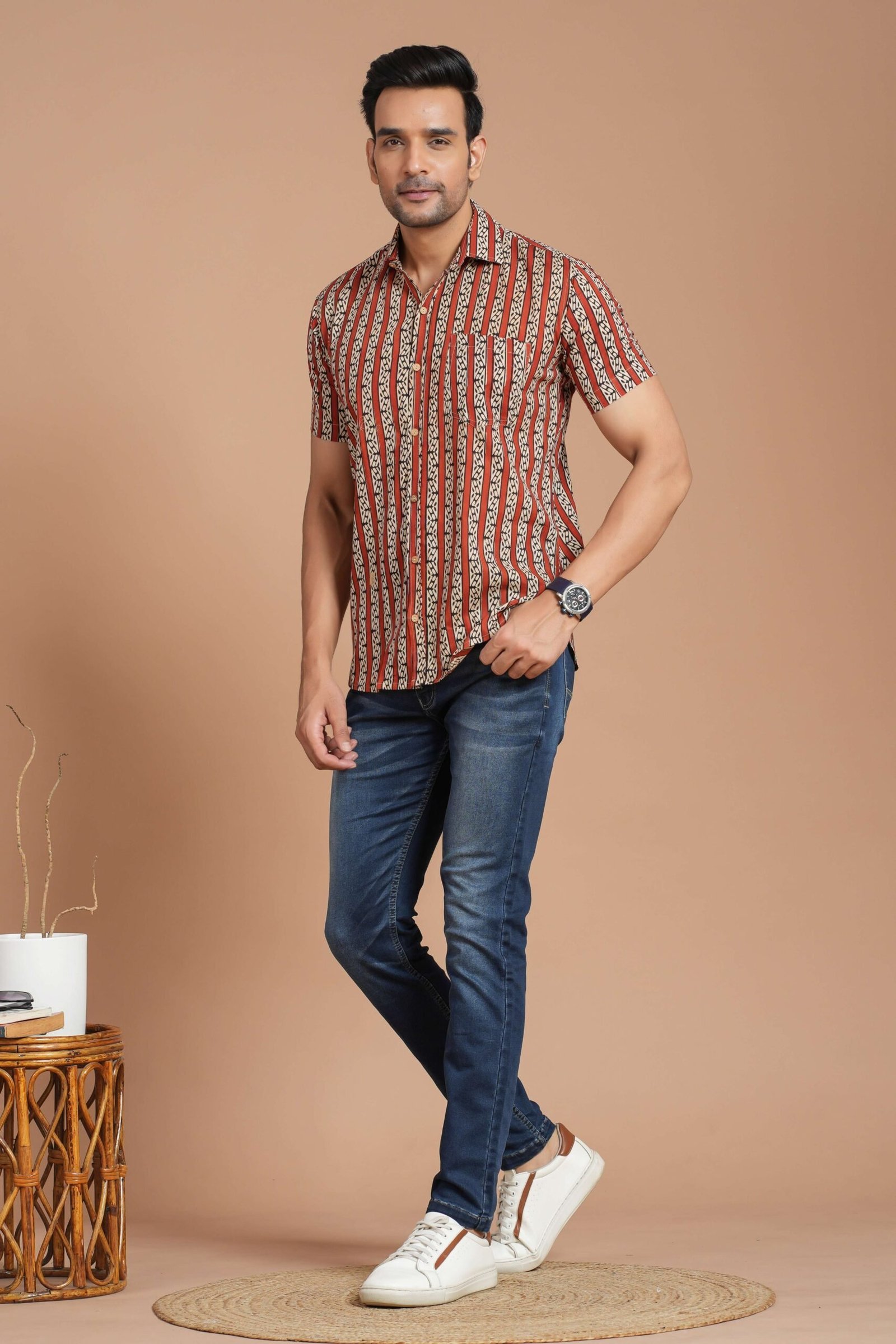 Men’s Cotton Rust Red Striped Printed Short-Sleeve Shirt ? Casual Summer Wear