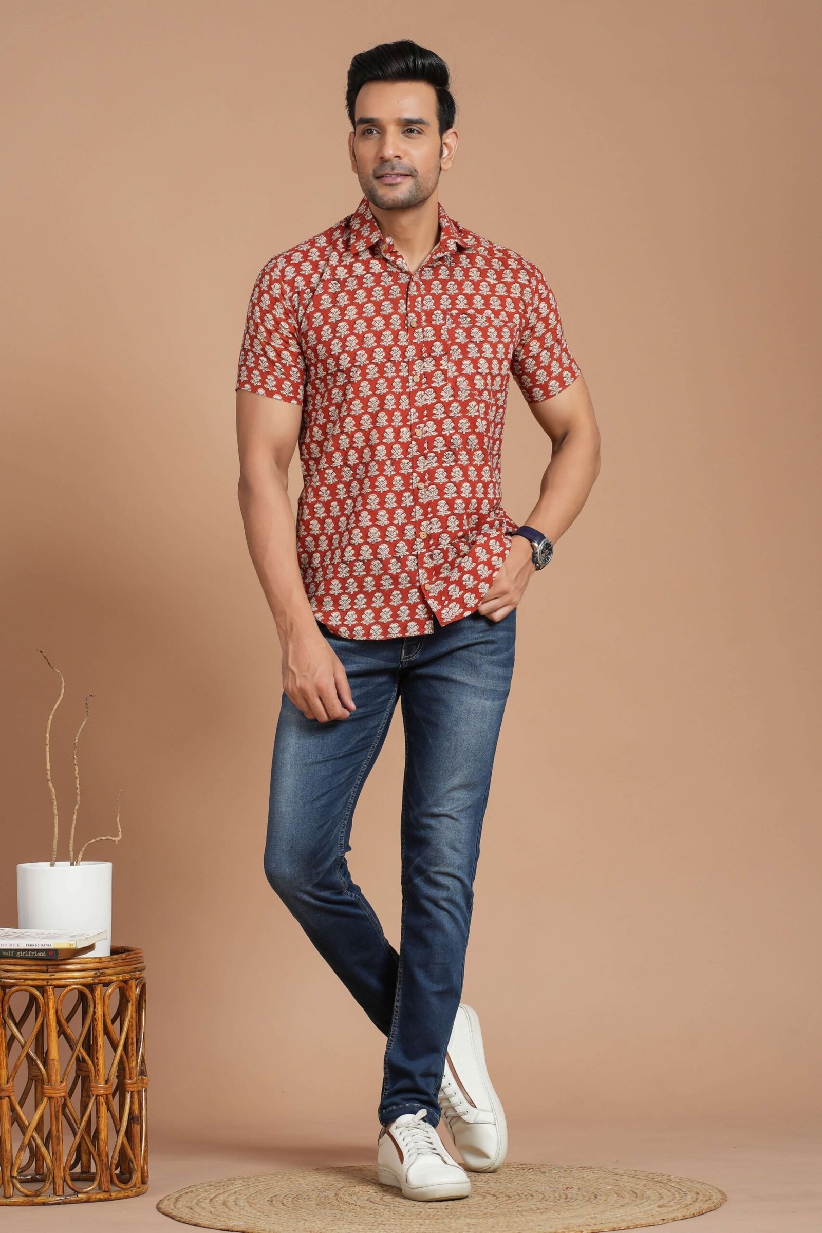 Men?s Red Floral Block Print Cotton Short-Sleeve Shirt ? Casual Festive Wear