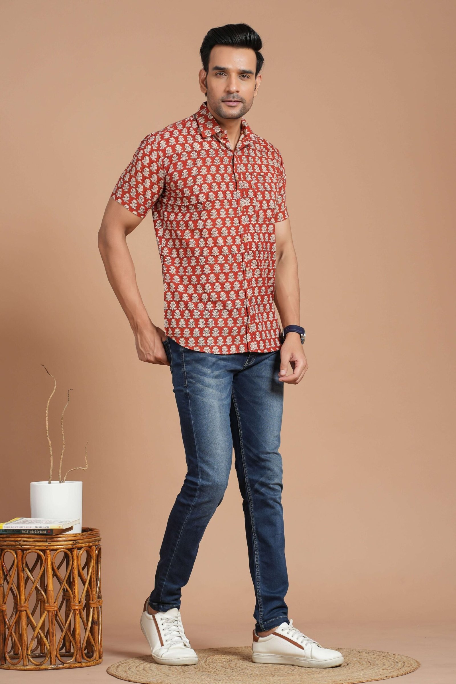 Men?s Red Floral Block Print Cotton Short-Sleeve Shirt ? Casual Festive Wear